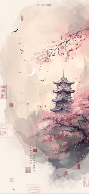 Oriental Pagoda Cherry Blossom Art - 4K Wallpaper
