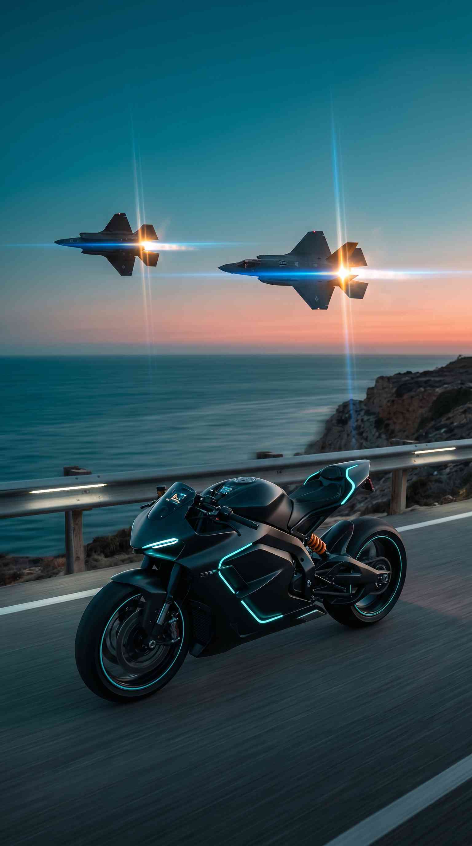 Moto Sportive Futuriste et Jets - Fond d'écran 4K