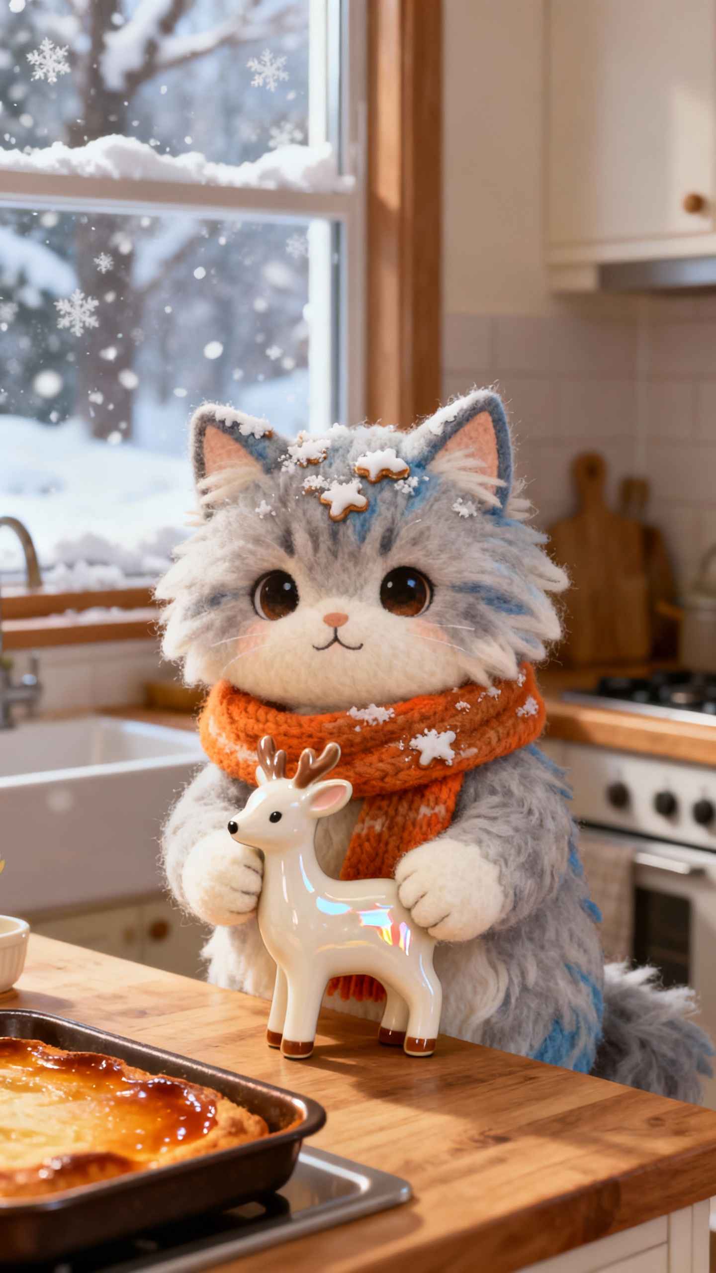 Fluffy Winter Cat & Reindeer - 4K Phone Background