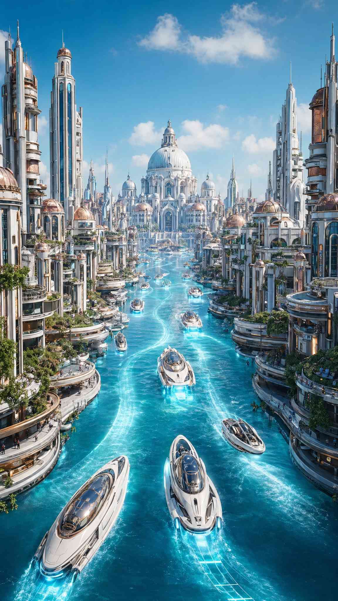 Fondo de Pantalla 4K de Ciudad Futurista con Barcos Fluviales Brillantes