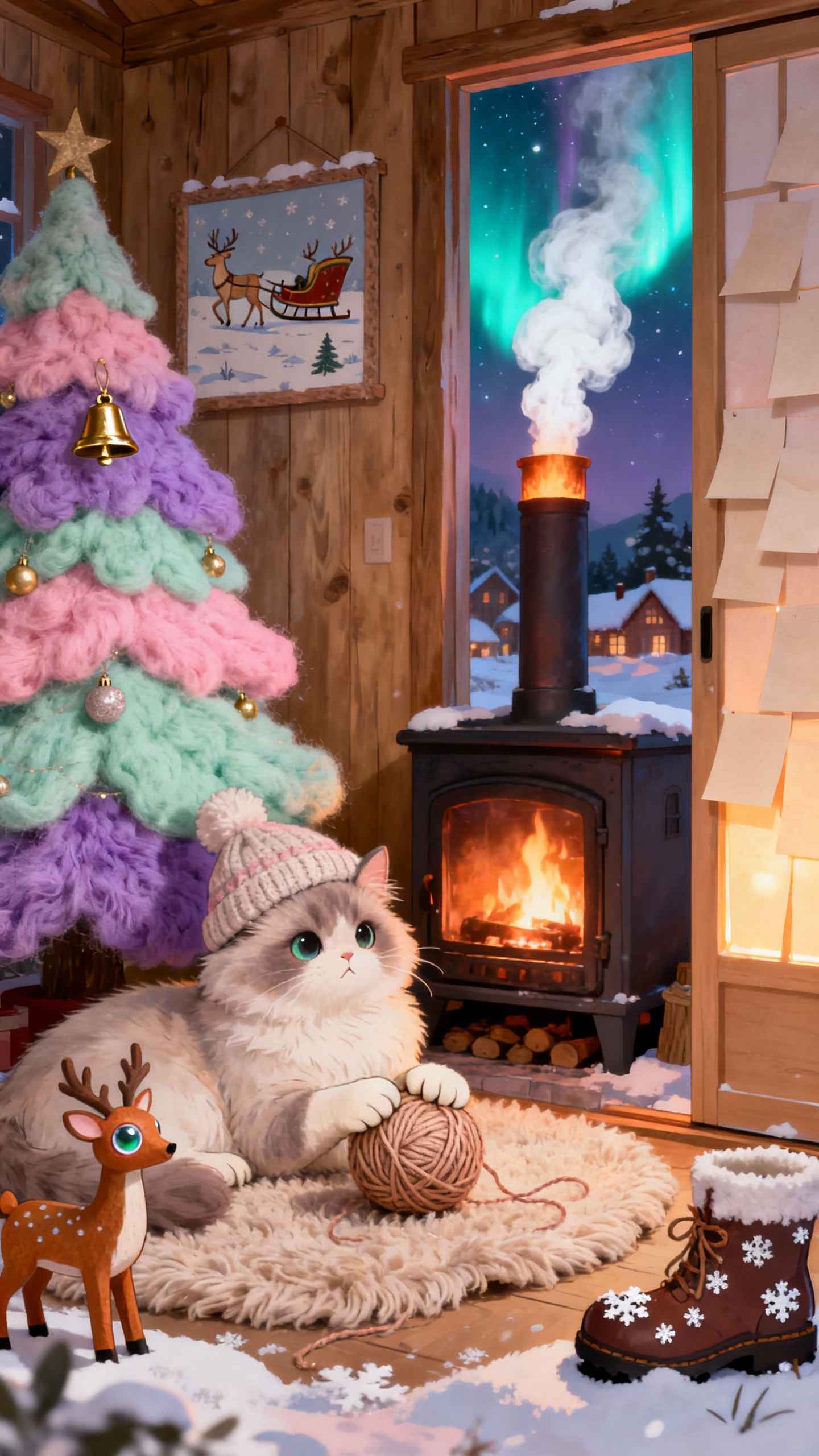 Gemütliche Winterkatze in Hütte - 4K Hintergrundbild