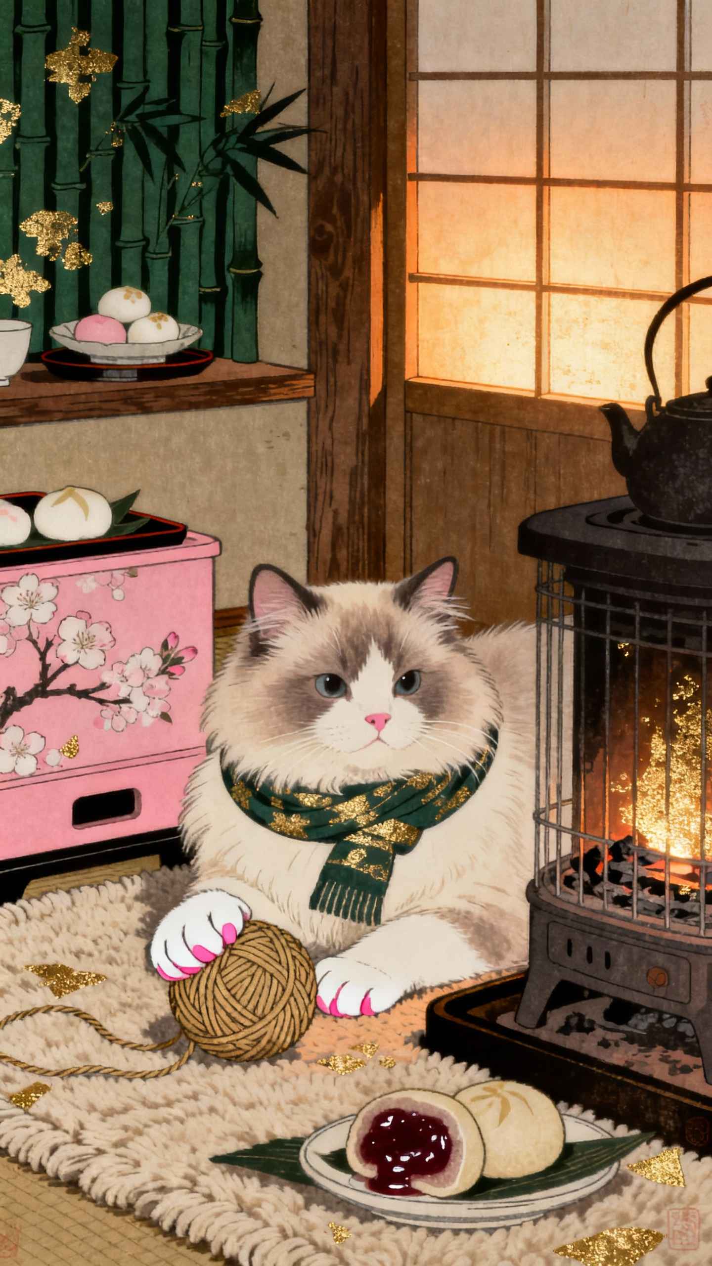 緑のマフラーを巻いた長毛種の猫が、火鉢や毛糸玉、和菓子のある冬の和室に座っているイラスト。