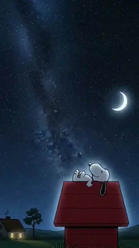 Ilustración animada de Snoopy durmiendo en su caseta bajo un cielo nocturno estrellado con la Vía Láctea.