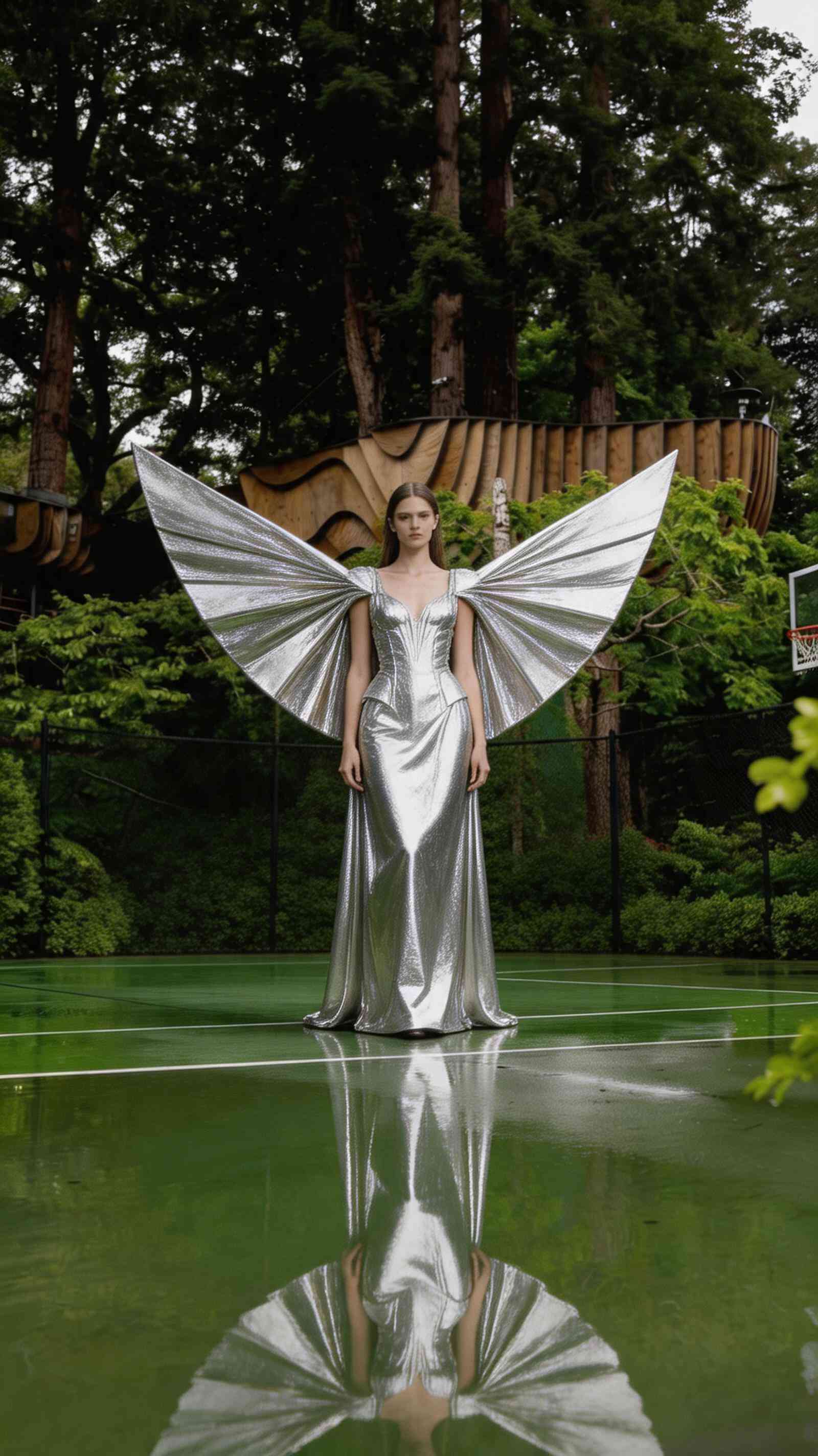 Futuristic Silver Angel Dress 4K Wallpaper