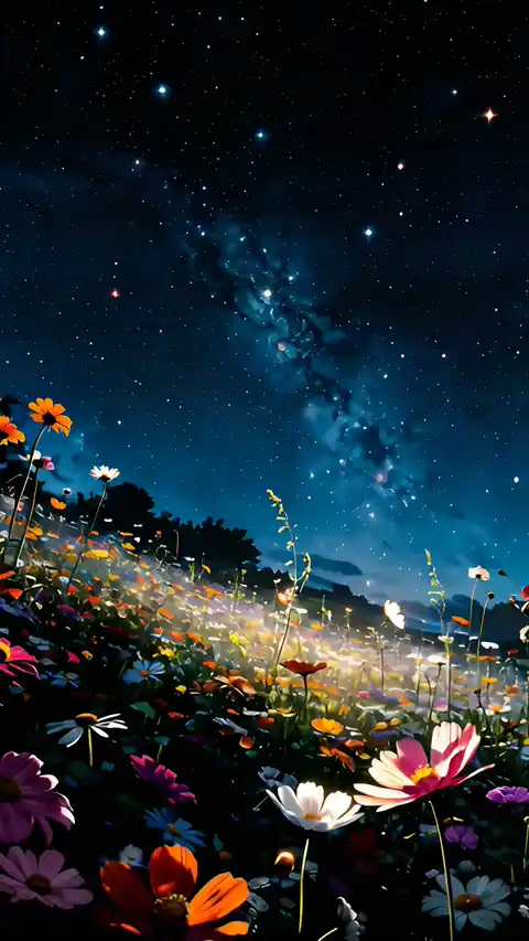 Animiertes Blumenfeld unter Sternenhimmel