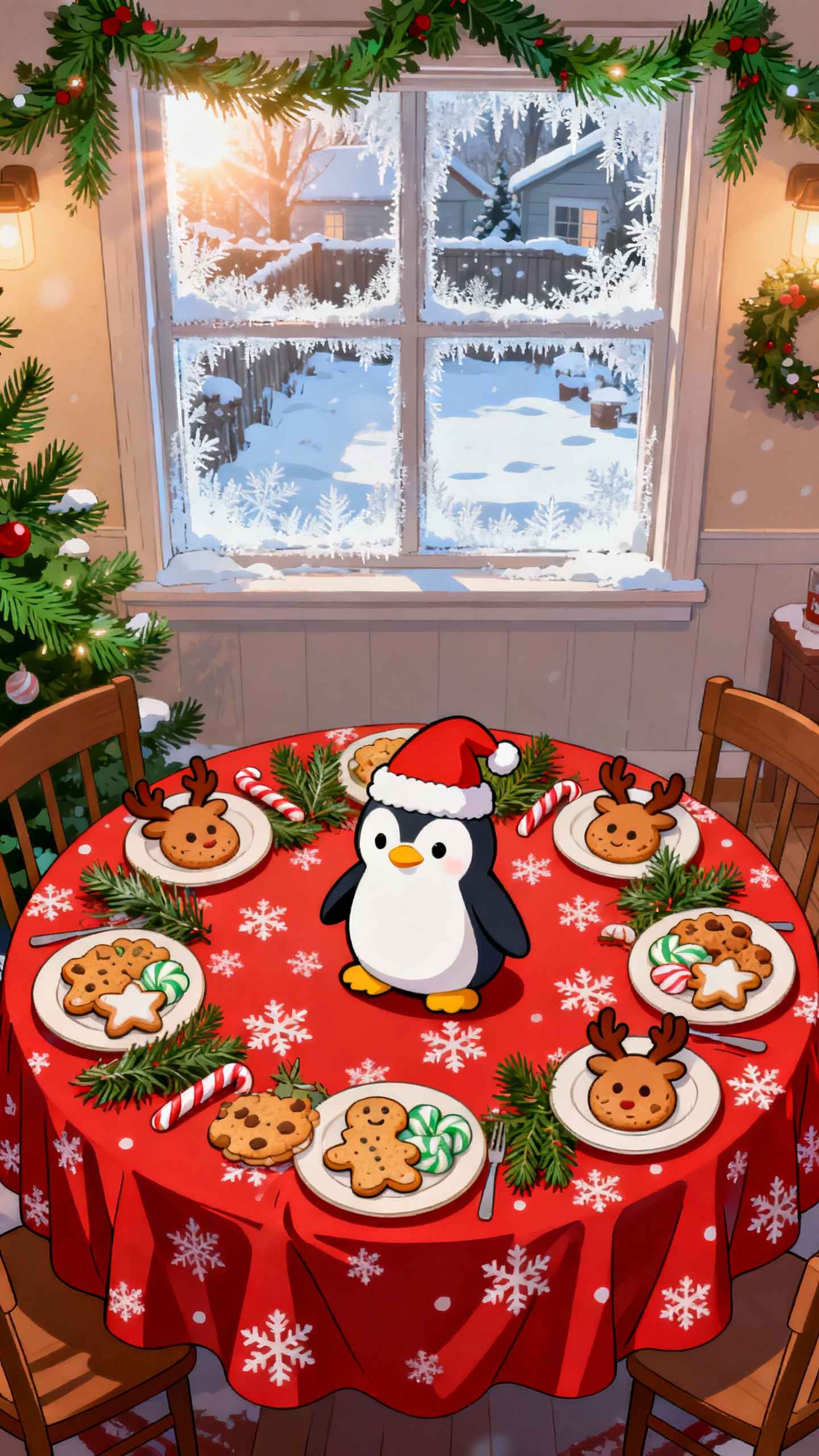 Un petit pingouin mignon portant un bonnet de Noël assis devant un festin de biscuits de fête avec une fenêtre enneigée.
