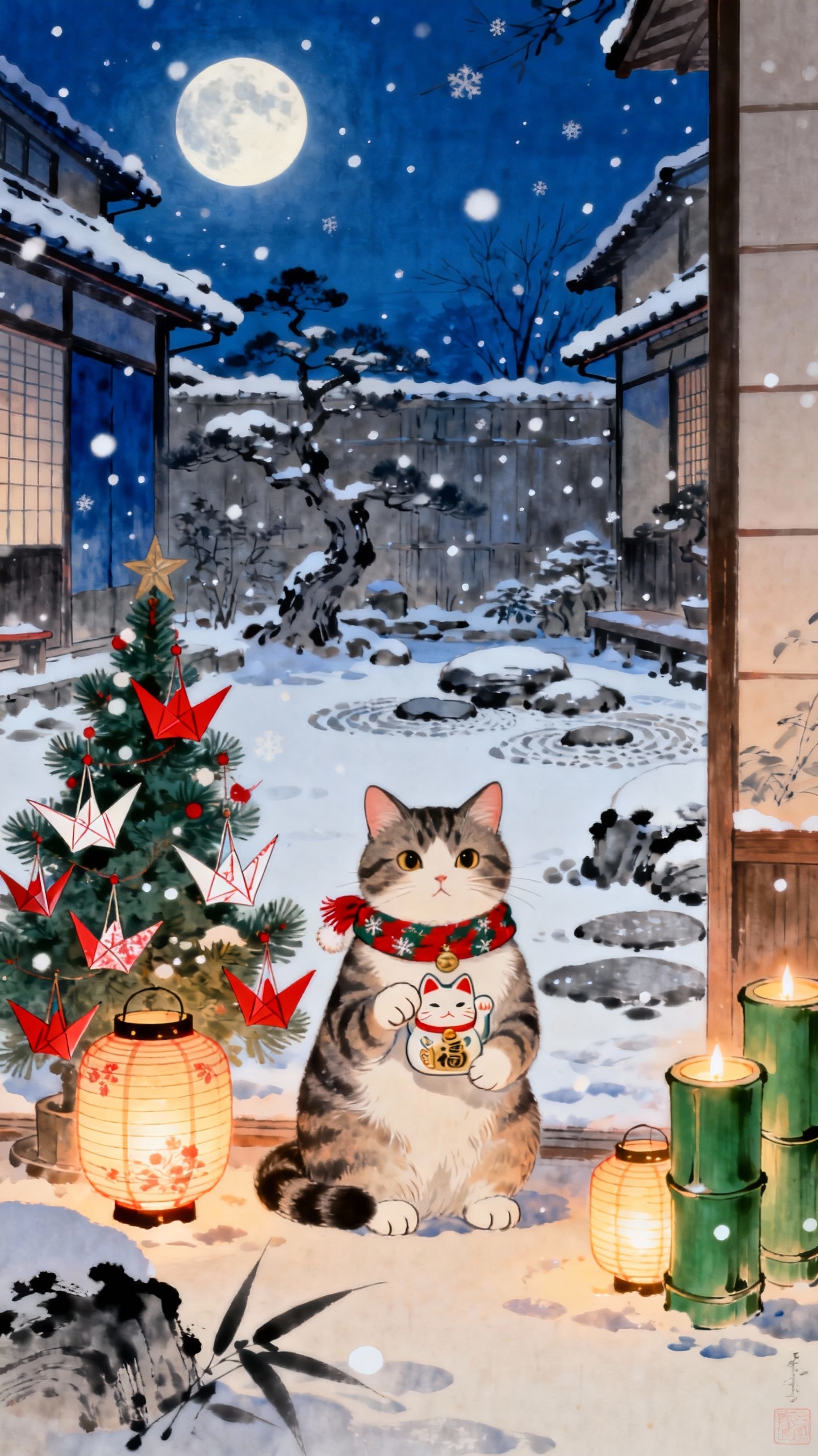 Ilustración de Gato en Invierno Japonés - Fondos 4K