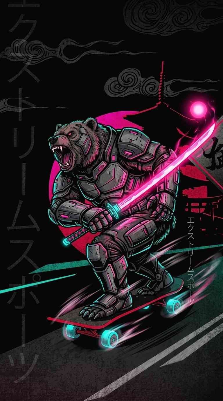 Mecha Samurai Bär Skateboard - 4K Wallpaper