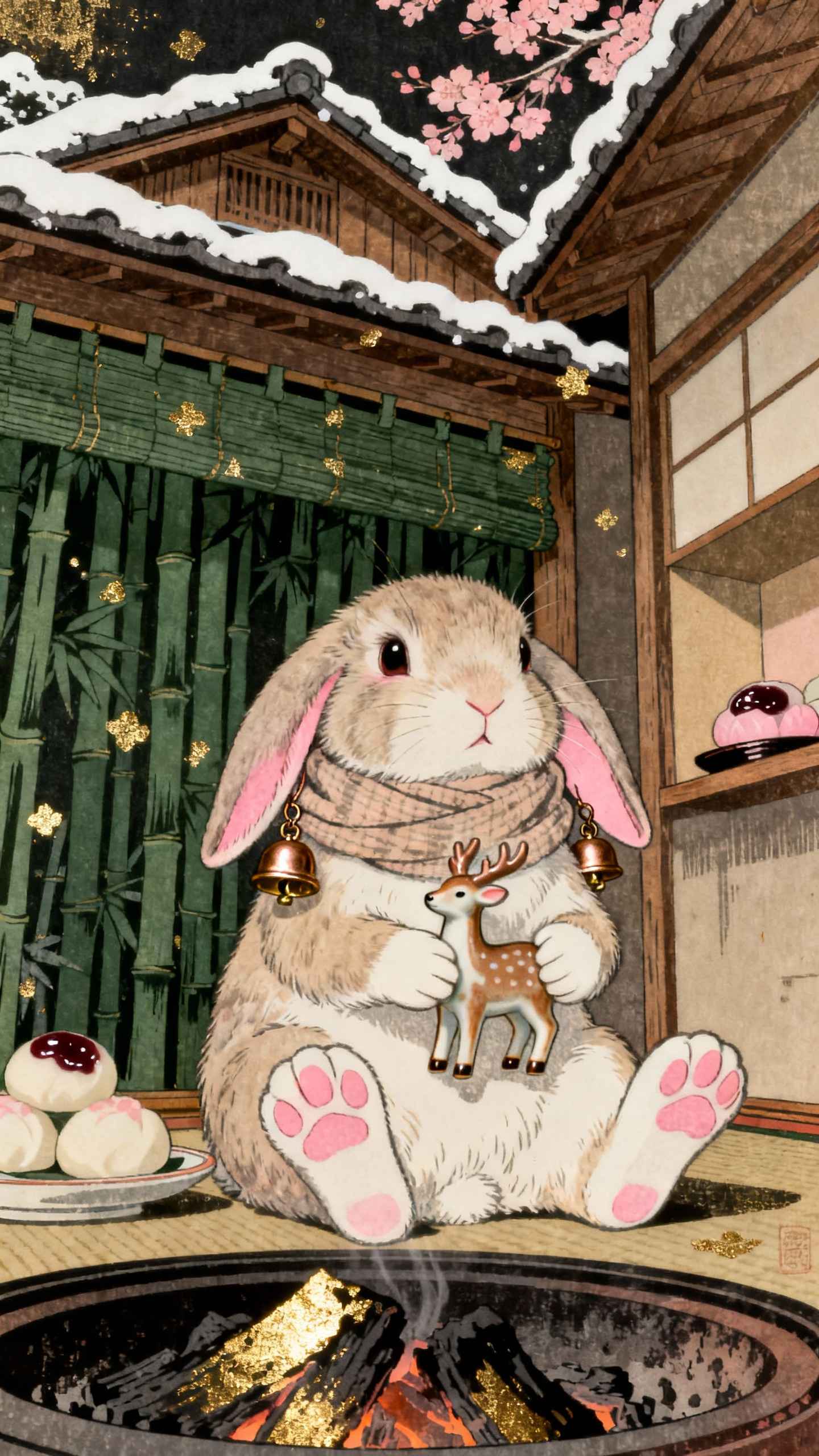 一隻巨大的毛茸茸兔子坐在圍爐邊，背景是積雪的日式建築、竹林與金箔裝飾。
