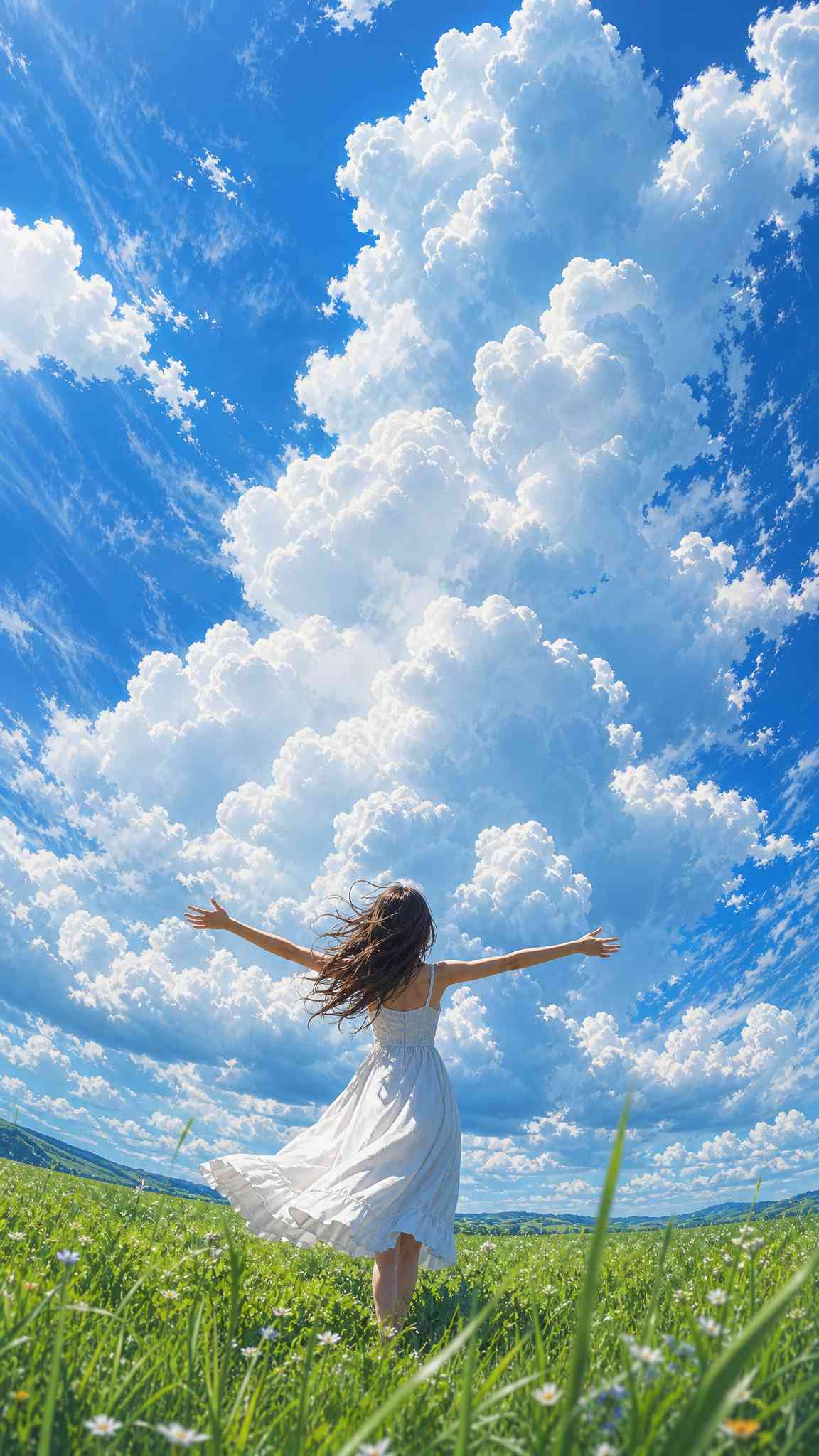 Girl in White Dress Meadow - 4K Background