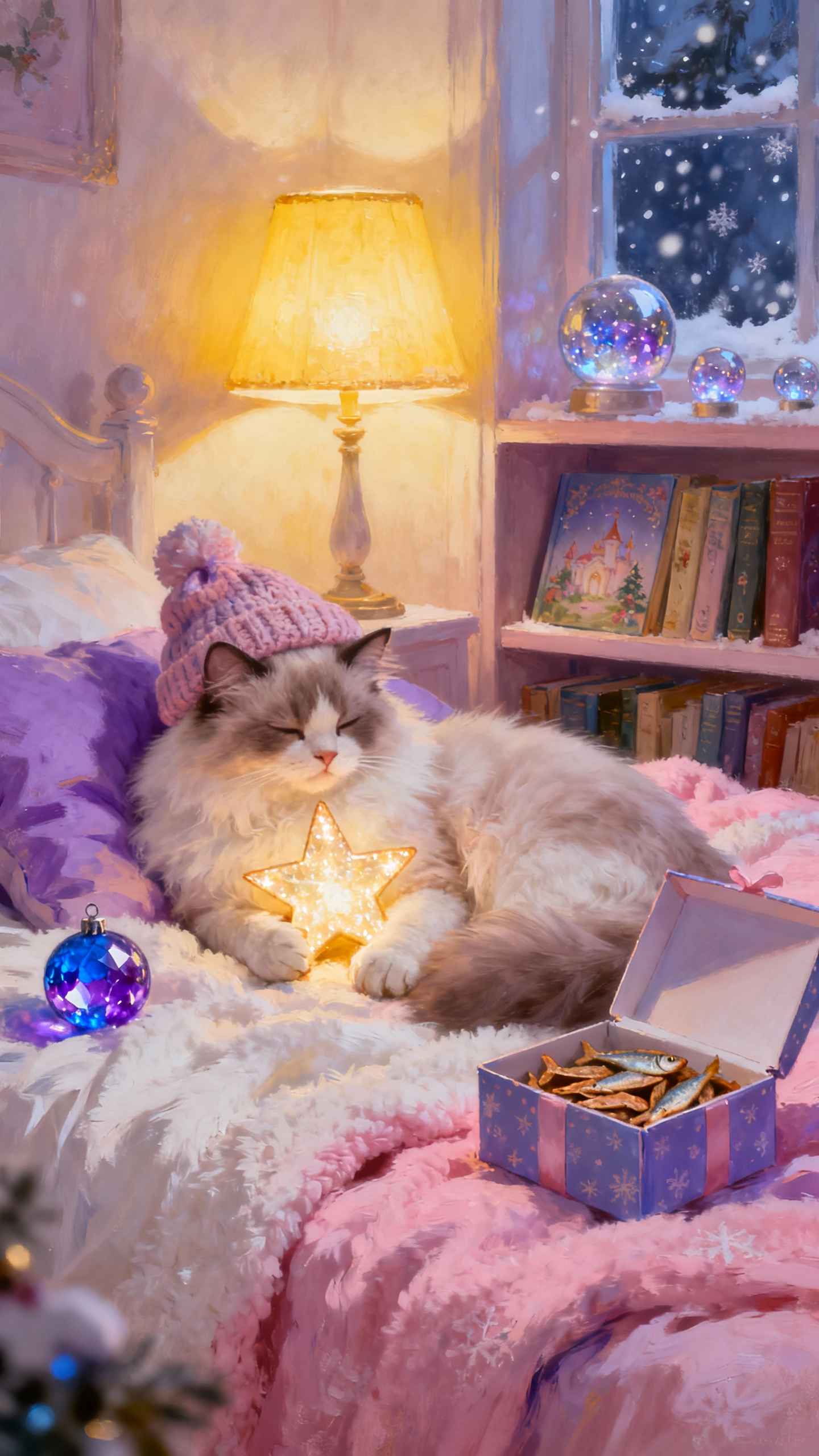 Winterkatze mit Stern - 4K Handy Wallpaper