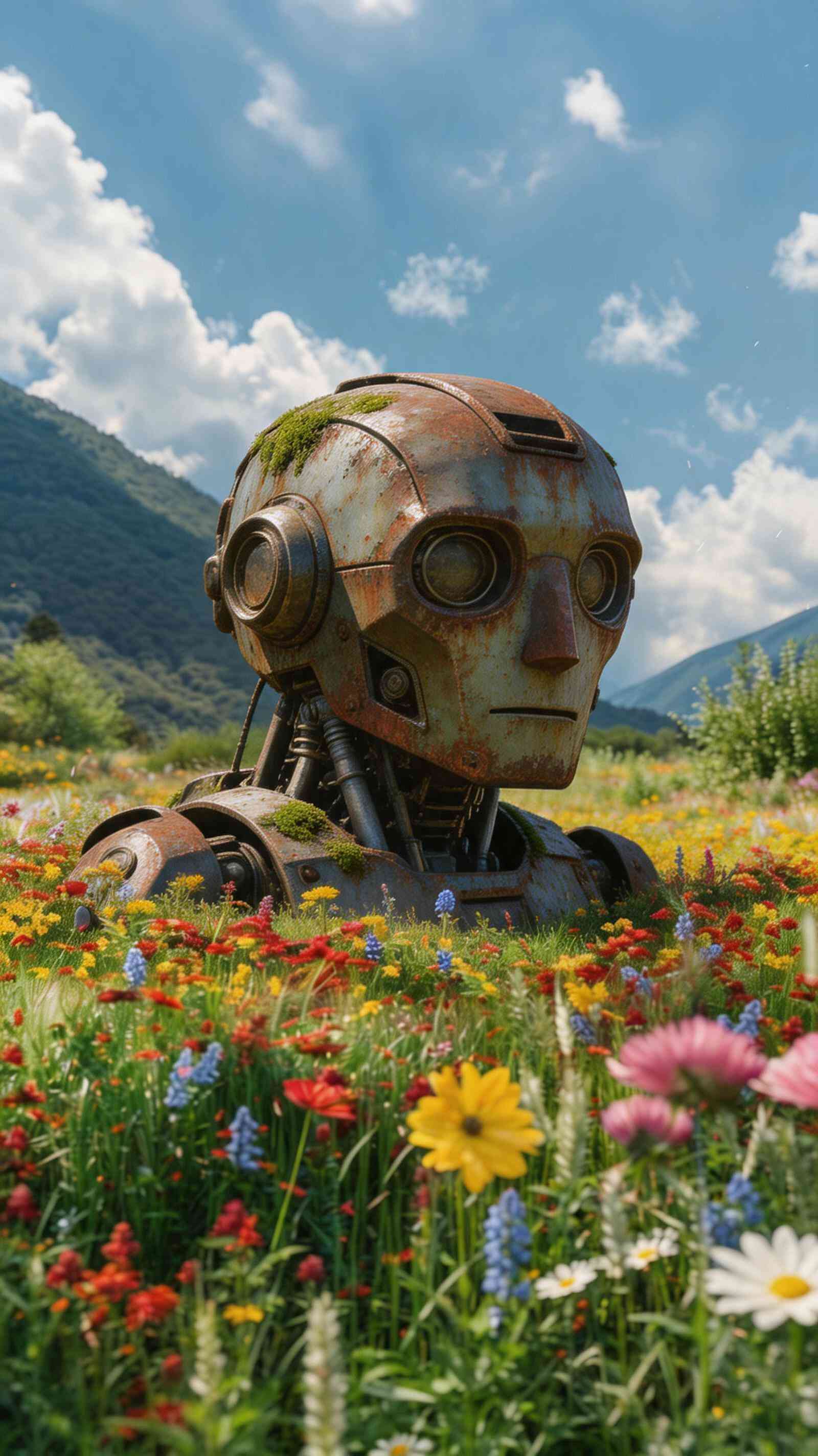 Abandoned Robot in a Field of Wildflowers - 4K Wallpaper