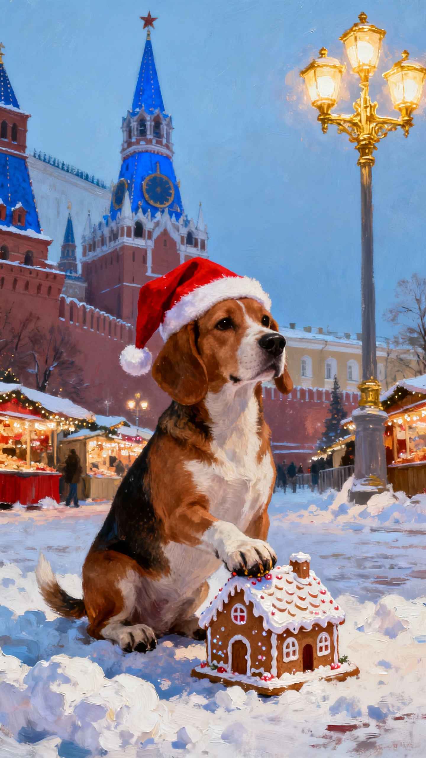 クリスマスのビーグルと雪の街 - 4K 壁紙