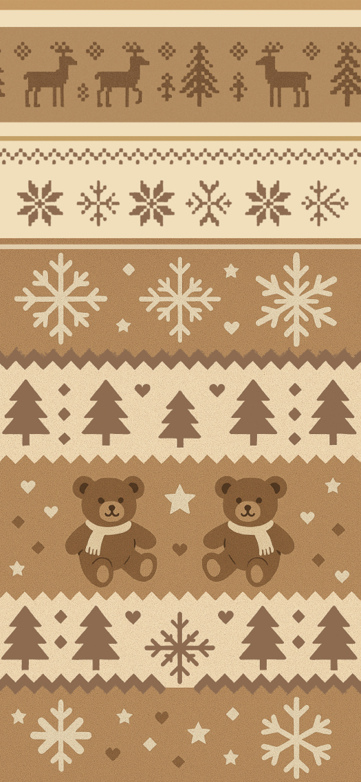 ベージュ色の背景に可愛いテディベアとトナカイ、雪の結晶が描かれた北欧風のクリスマス柄。
