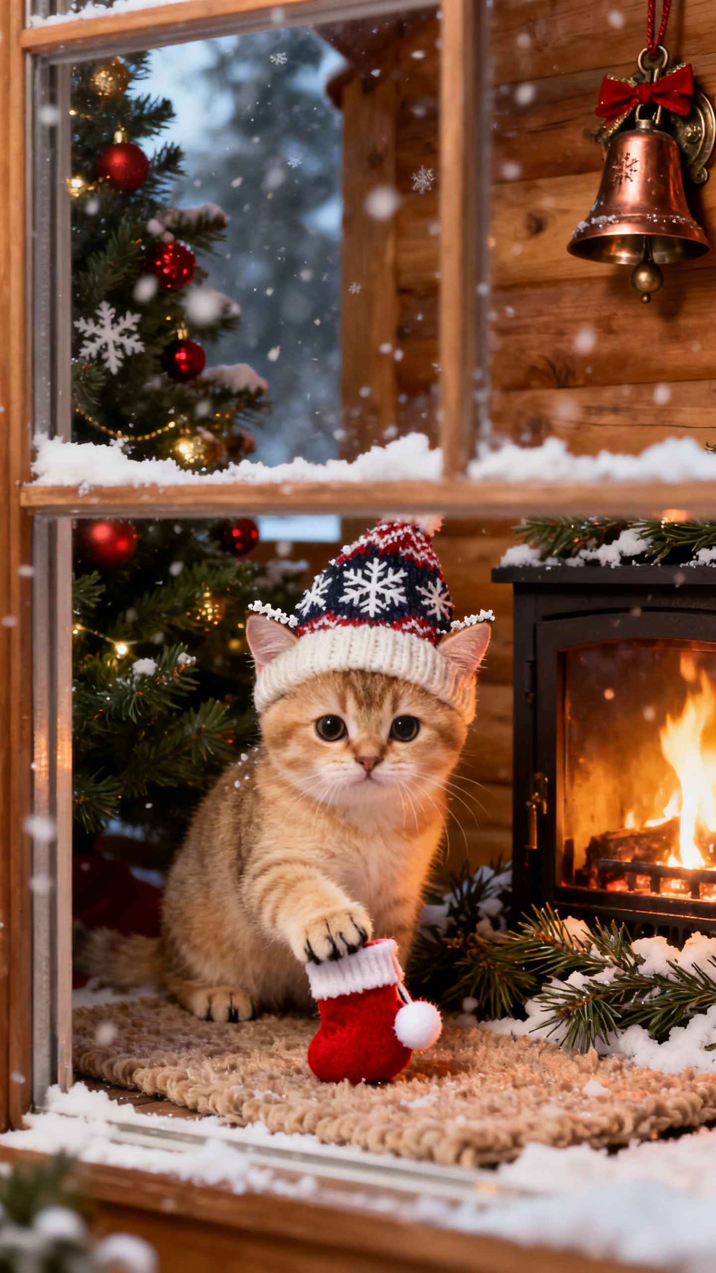在下雪的木屋裡，一隻戴著針織帽的可愛小貓坐在溫暖的壁爐和裝飾聖誕樹旁。