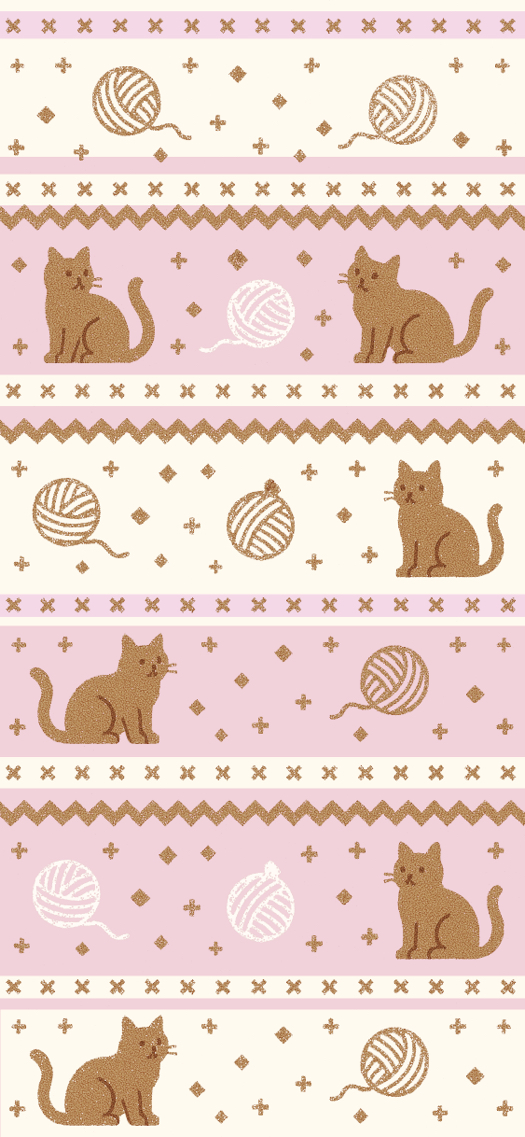 핑크와 크림색 스트라이프 배경에 갈색 고양이 실루엣과 털실 뭉치, 기하학적 무늬가 반복되는 배경화면.