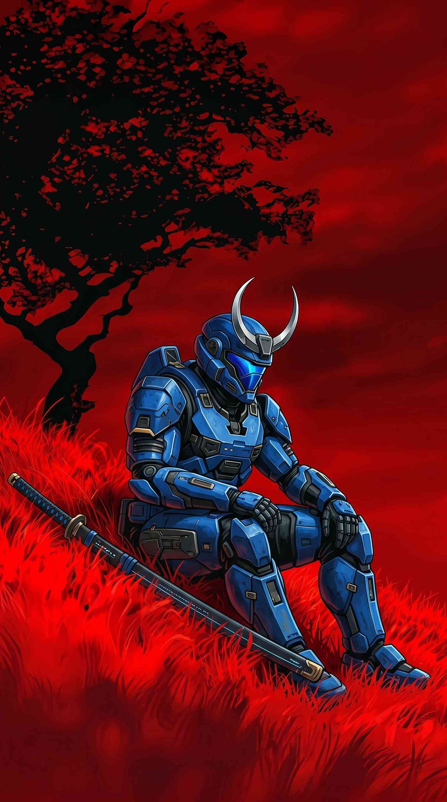 Blue Samurai Spartan - 4K Phone Wallpaper