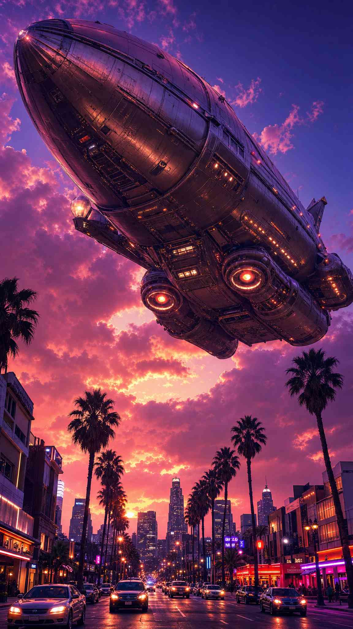 Futuristic Airship City Sunset - 4K Wallpaper