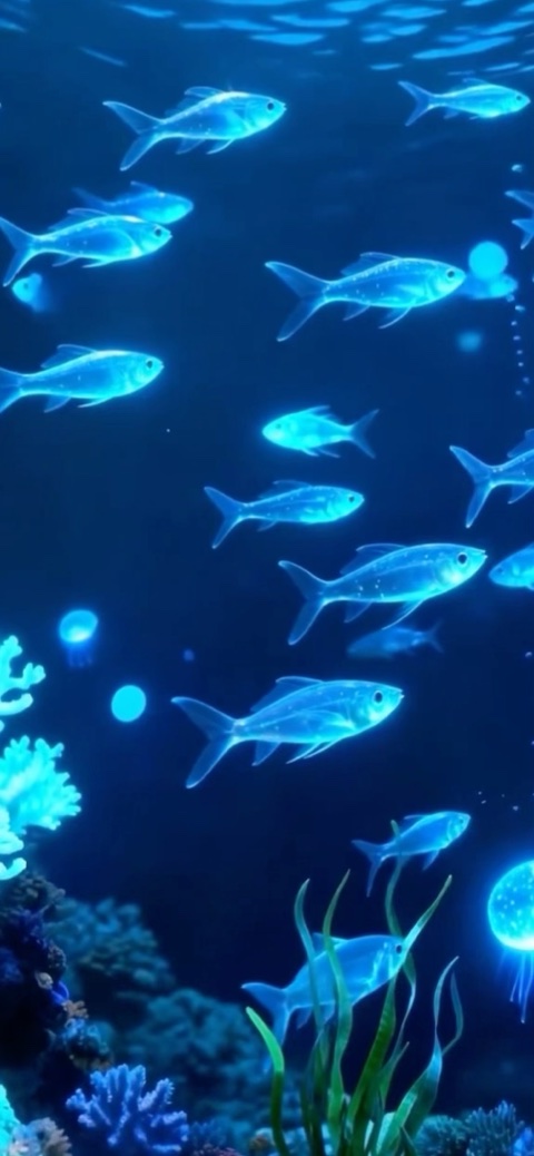 在深藍色海洋珊瑚礁間游動的生物發光藍魚與水母，4K 數位藝術。