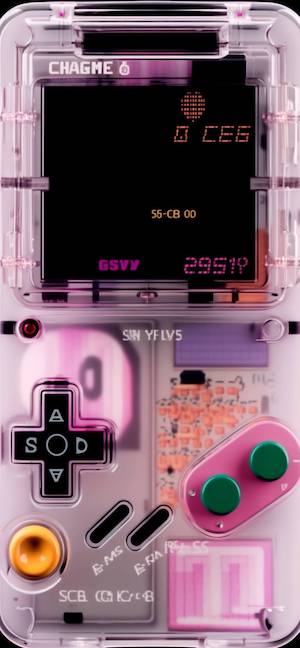 内部の基盤が見えるピンク色のスケルトン携帯ゲーム機のデジタルアート。