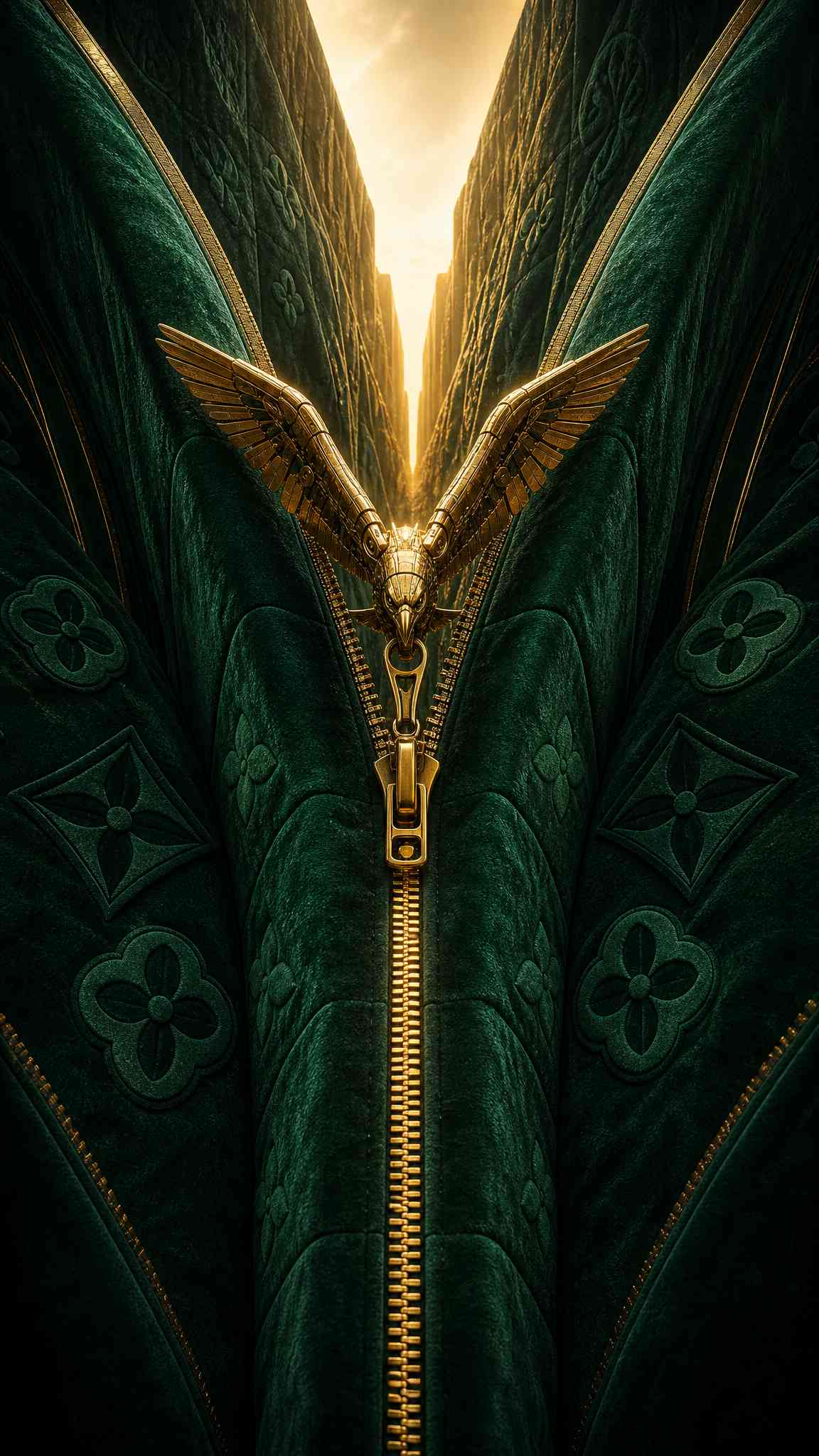 Opulent Emerald Velvet & Gold Eagle Zipper Wallpaper