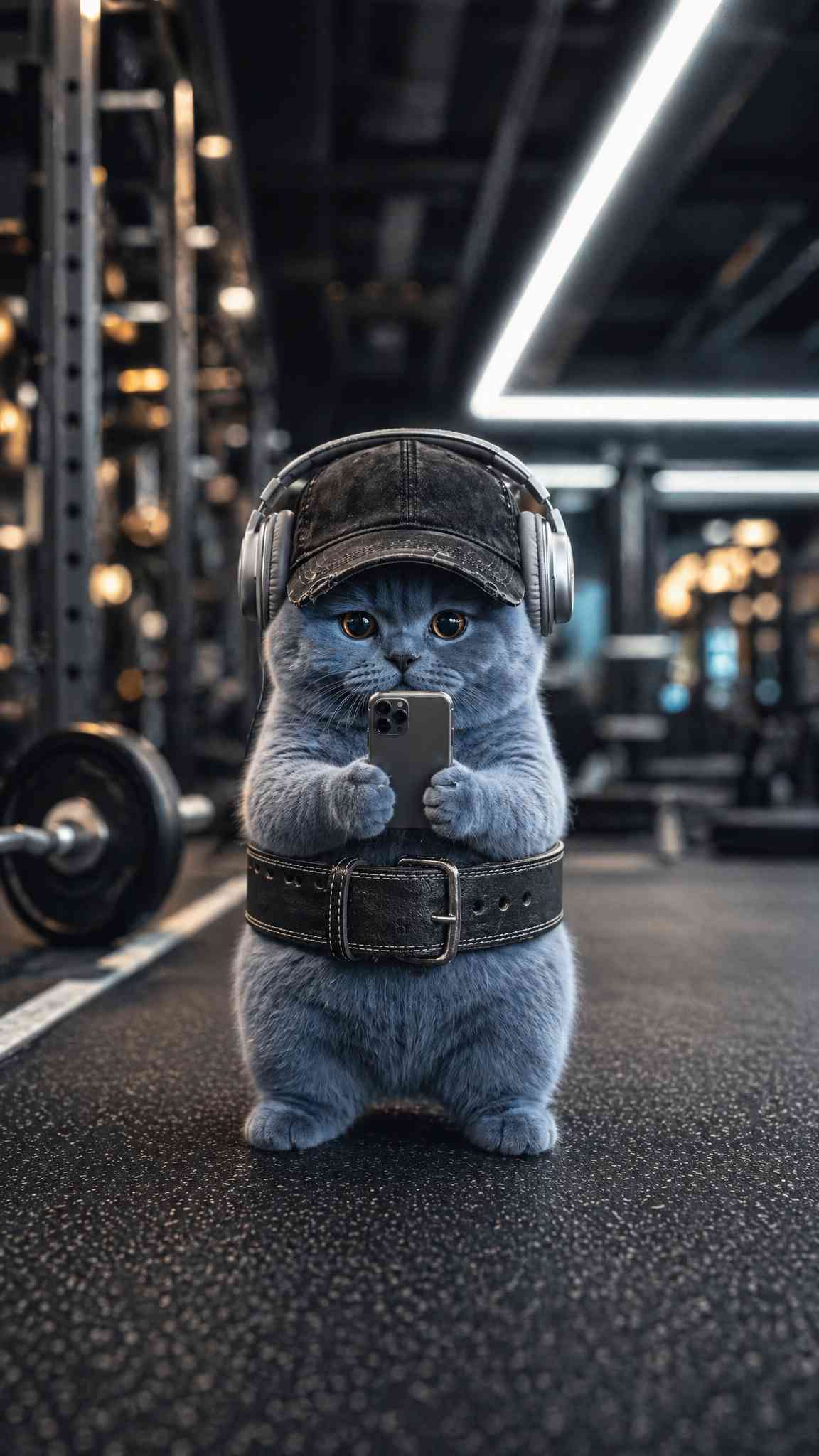 Adorable Gym Cat with Headphones 4K Phone Wallpaper
