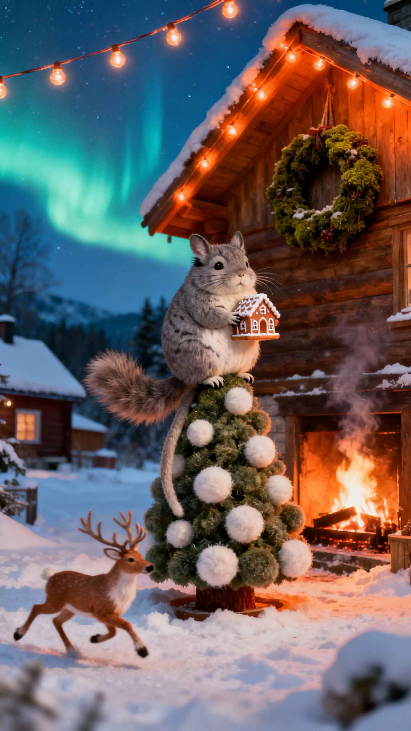 Christmas Chinchilla Winter Cabin - 4K Wallpaper