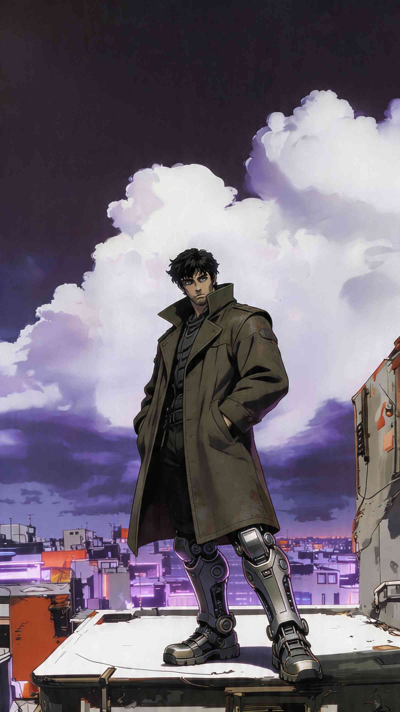 Cyberpunk Detective on Rooftop City Wallpaper