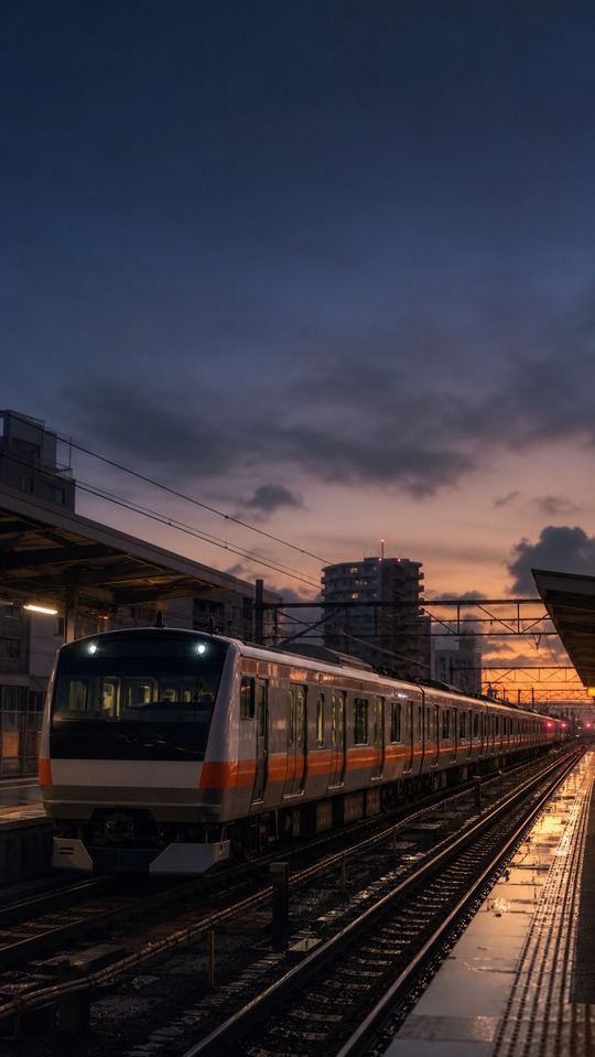 中央線 快速電車 夕焼けの情景 - 4Kスマホ壁紙