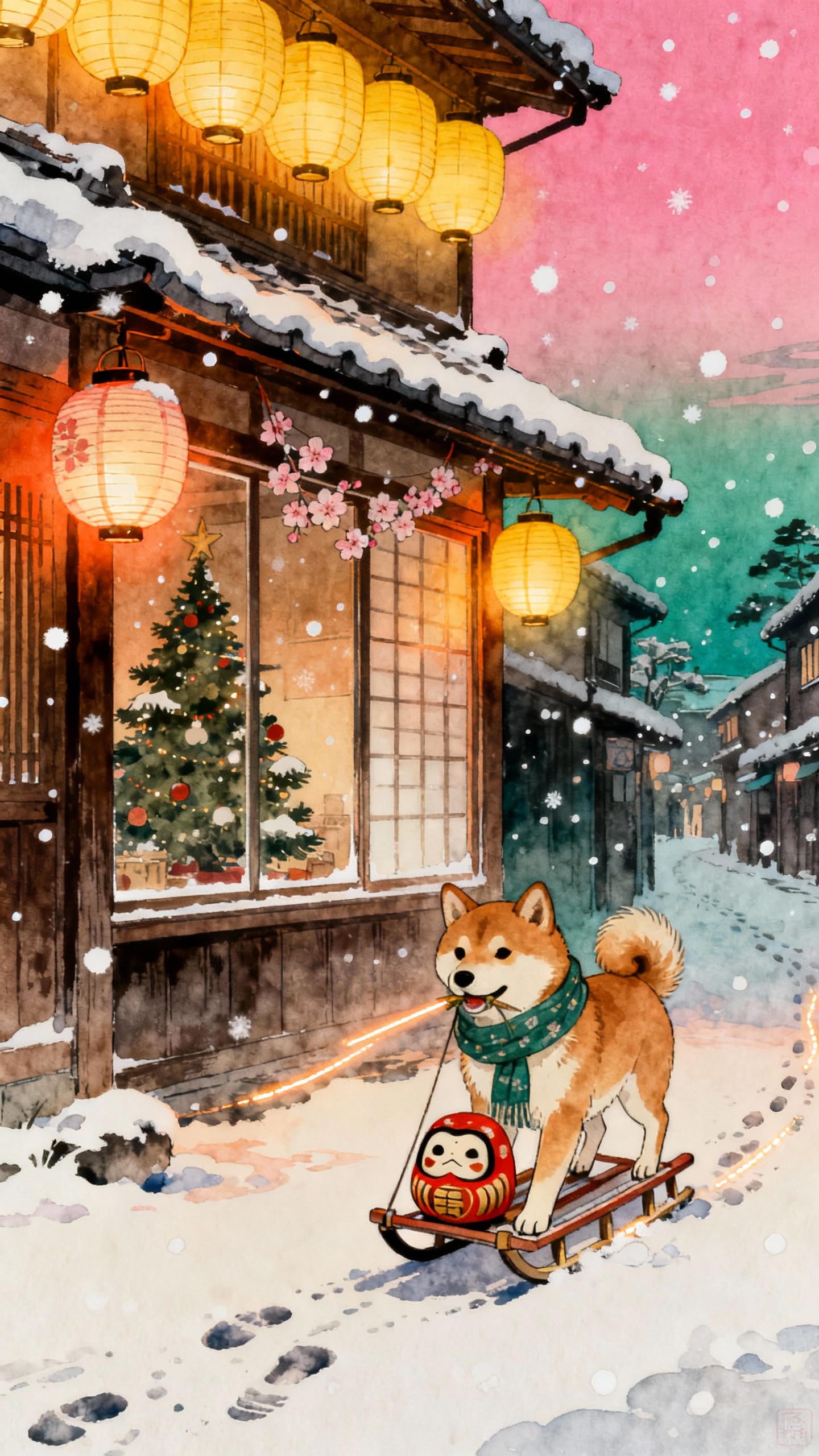 柴犬と雪の日のだるま - 4K高画質待ち受け