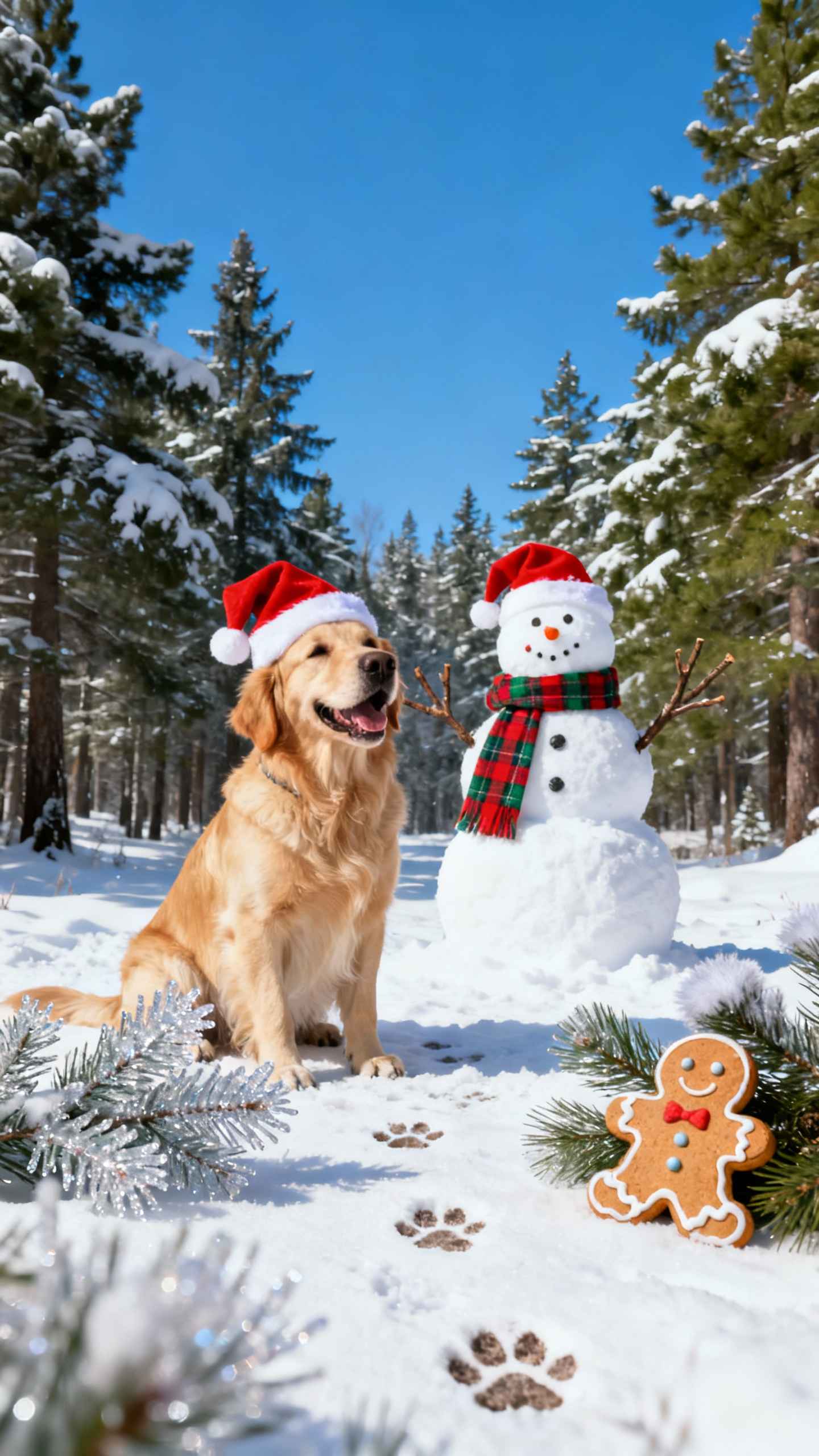 Christmas Golden Retriever & Snowman - 4K Wallpaper