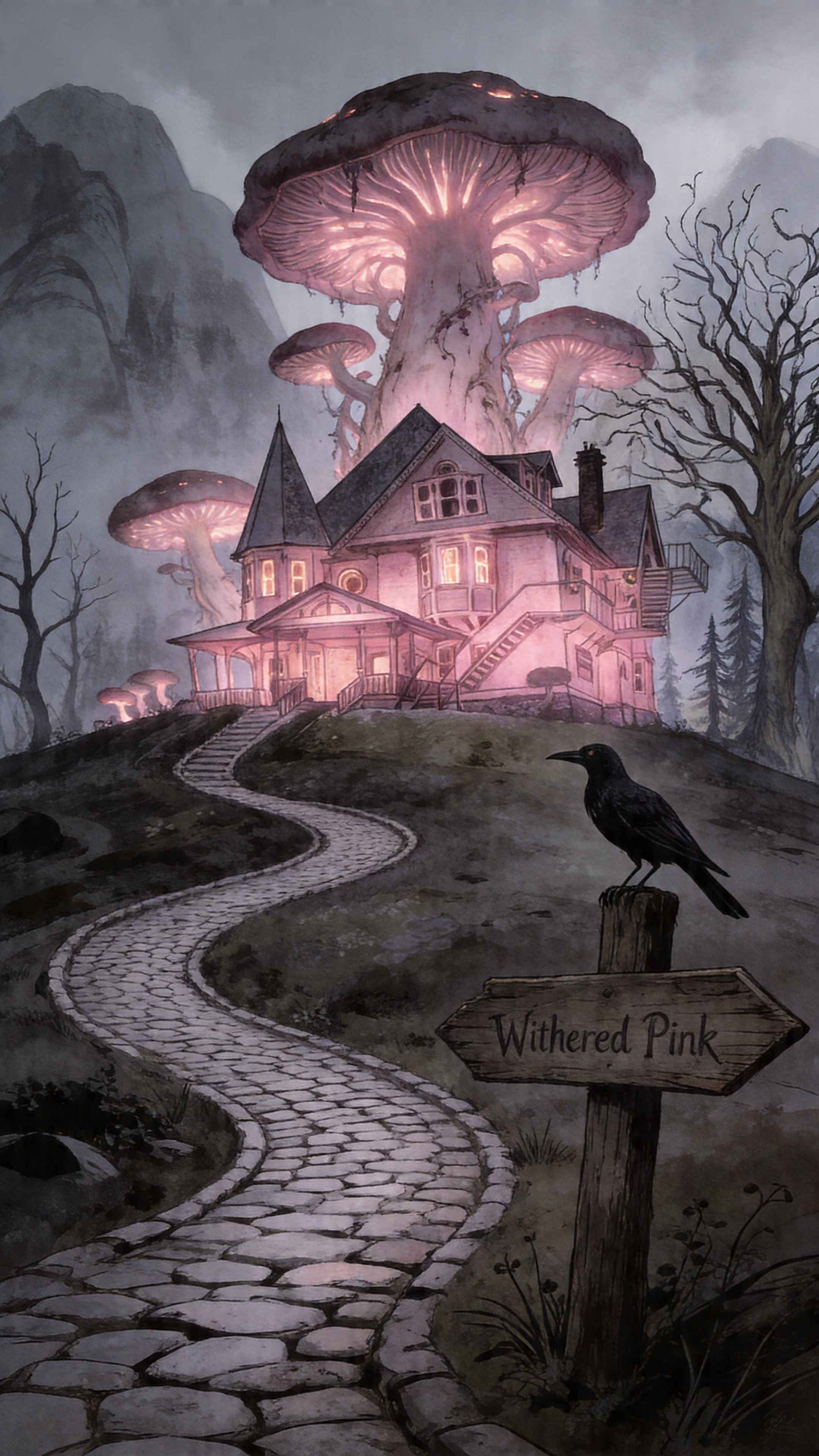 Withered Pink Fantasy Cottage - 4K Wallpaper