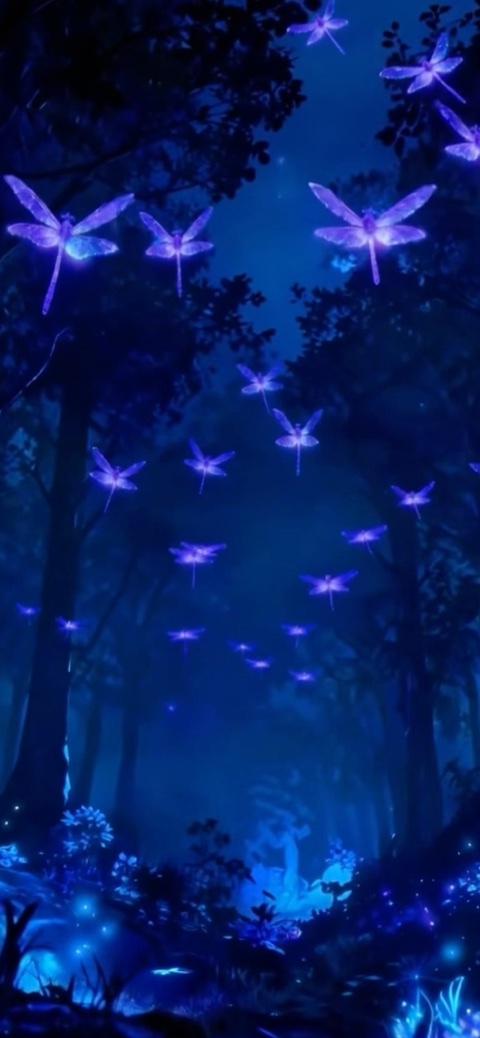 Libellules violettes lumineuses volant dans une forêt sombre et mystique avec des plantes fluorescentes.