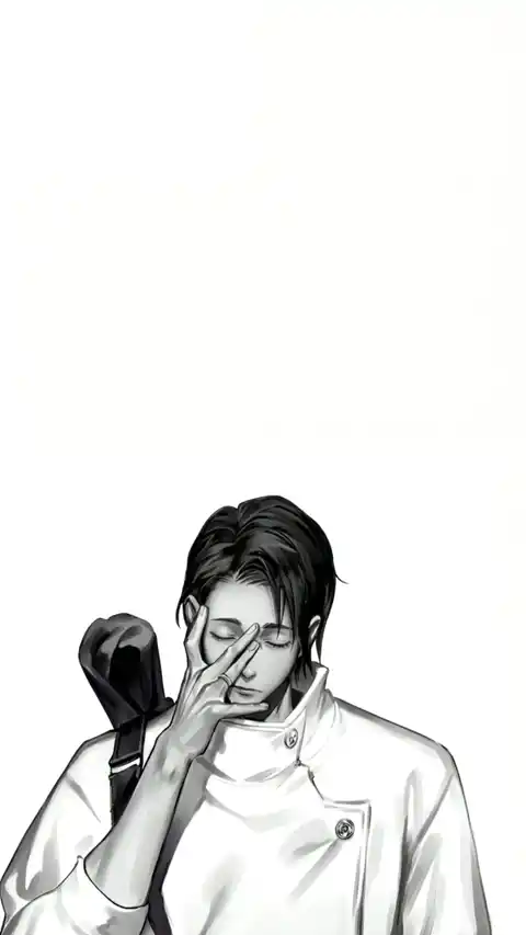 Animated black and white illustration of Yuta Okkotsu from Jujutsu Kaisen with a minimalist white background for mobile live wallpaper.