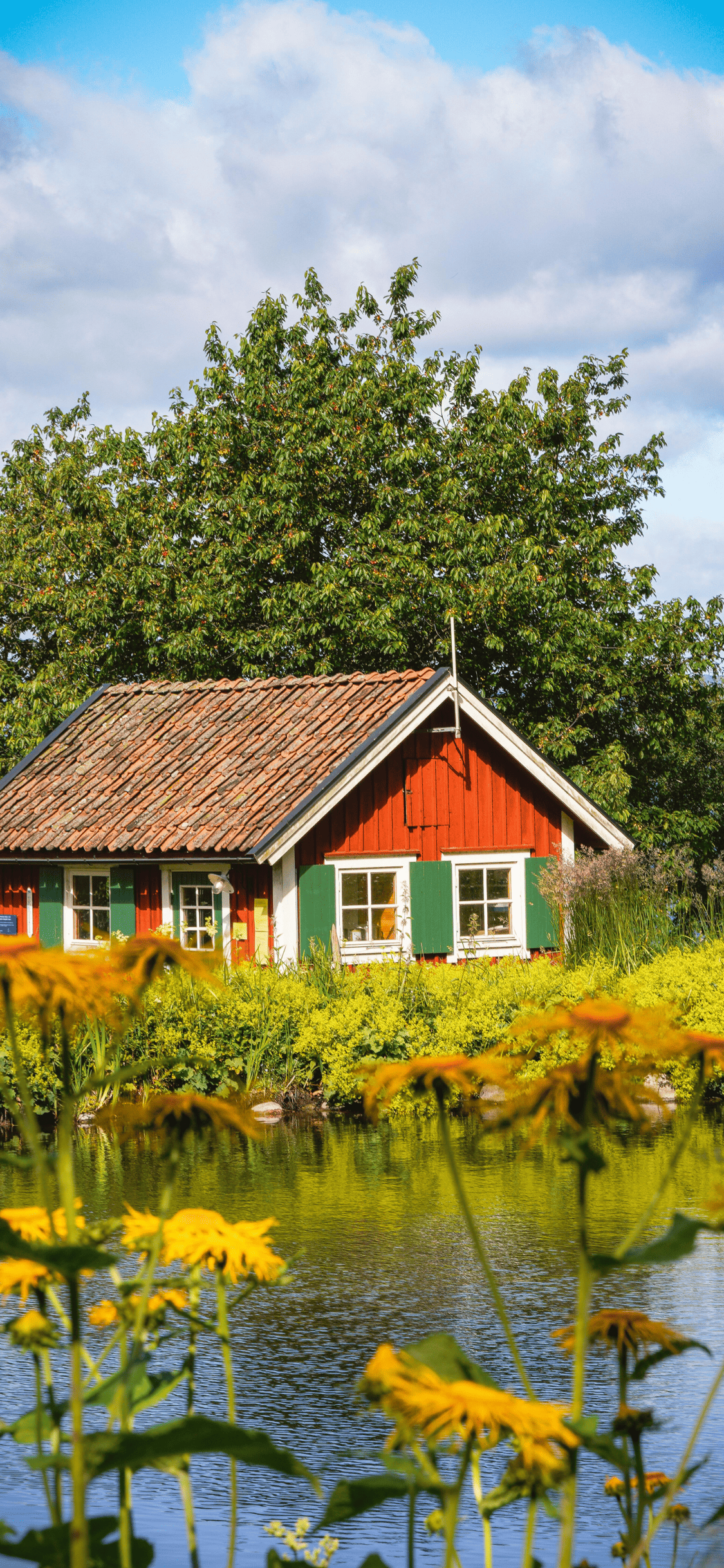 Una tradicional cabaña de madera roja con ventanas verdes junto a un lago, rodeada de árboles y flores amarillas bajo un cielo azul.