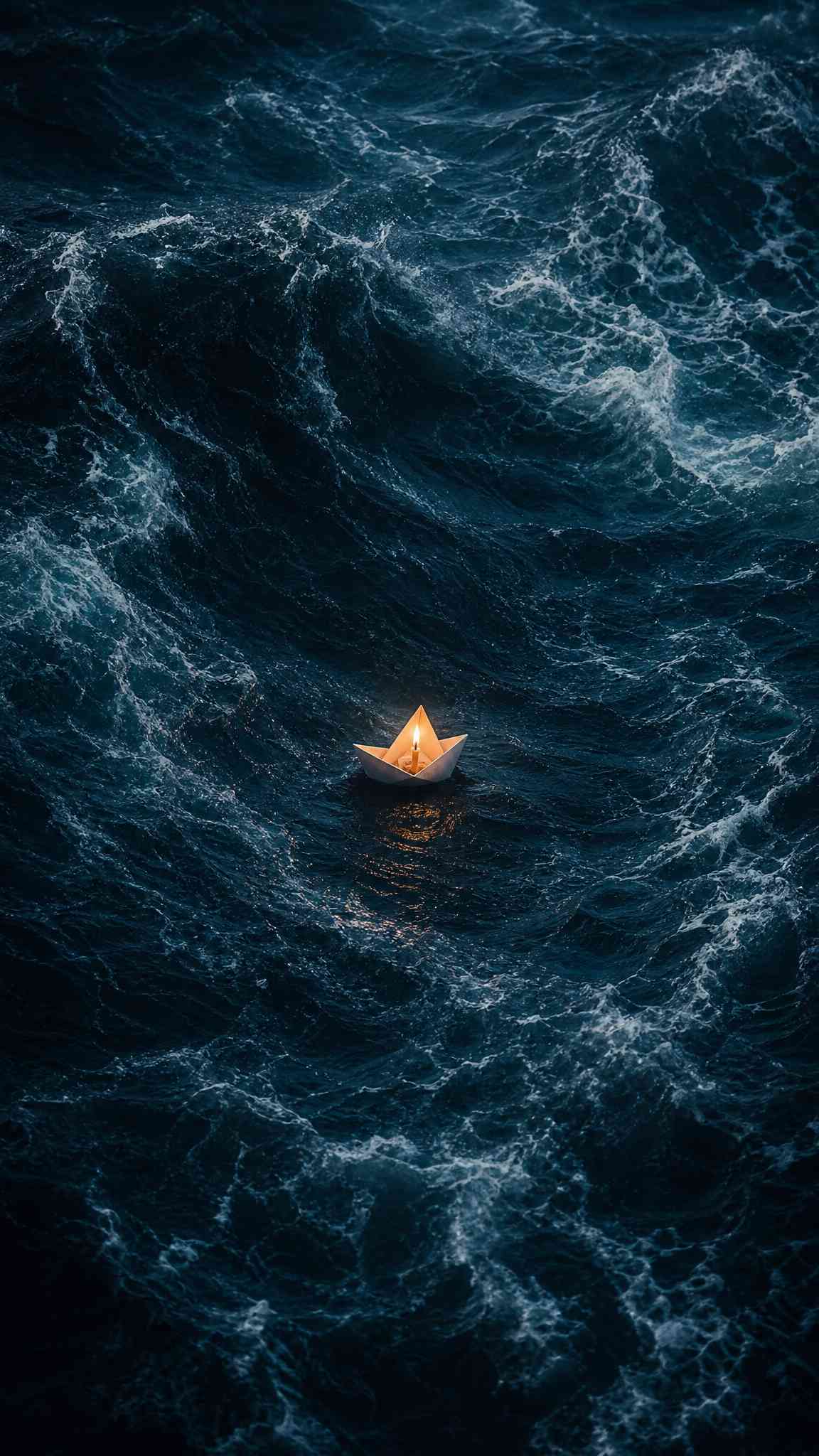 Glowing Paper Boat on Dark Ocean Waves Wallpaper
