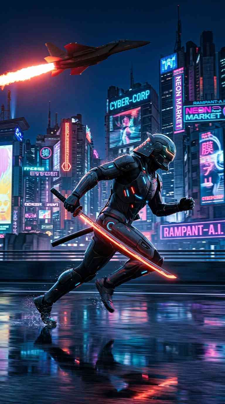 Cyber Samurai Neon Stadt - 4K Wallpaper