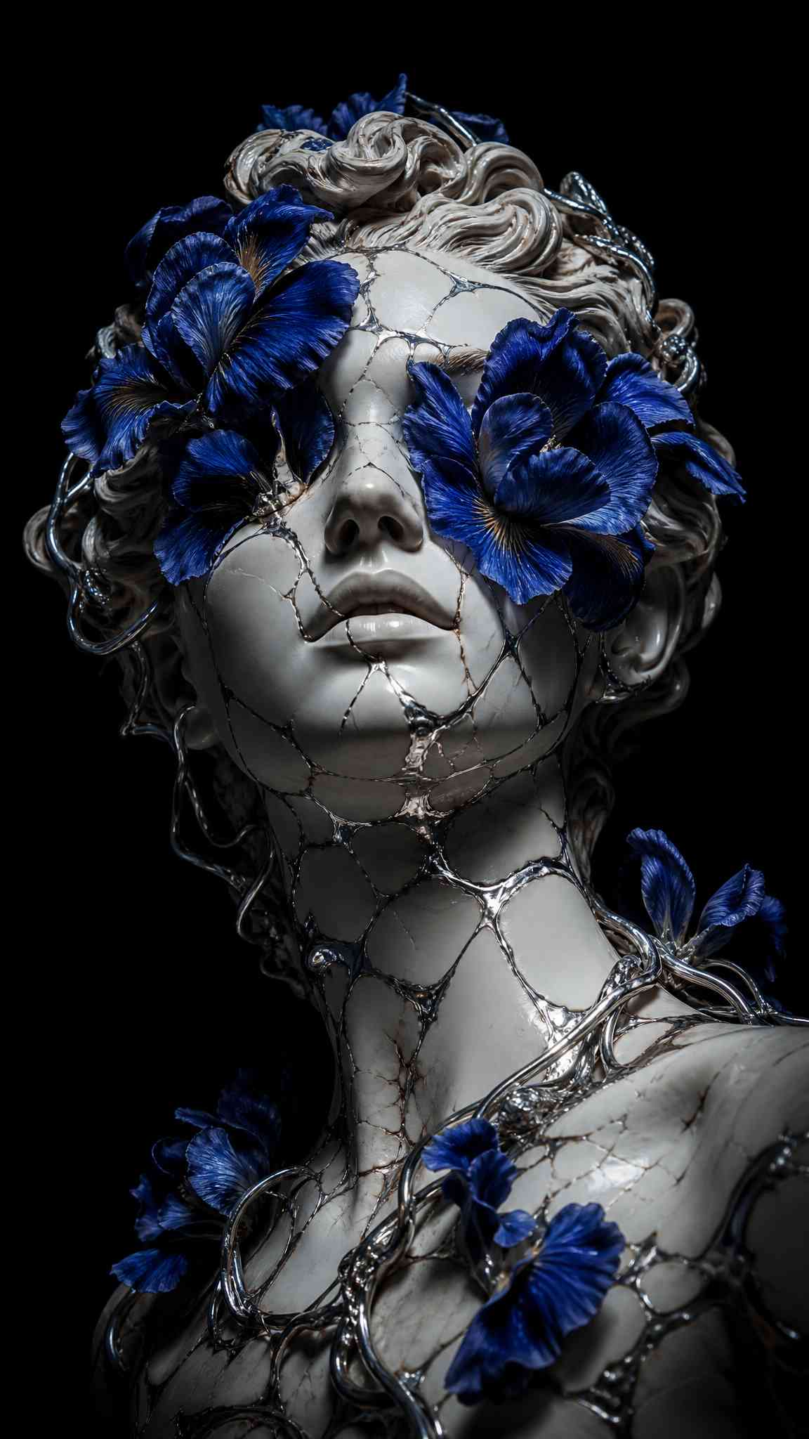 Elegante Fondo de Pantalla 4K: Estatua Agrietada con Flores Azules
