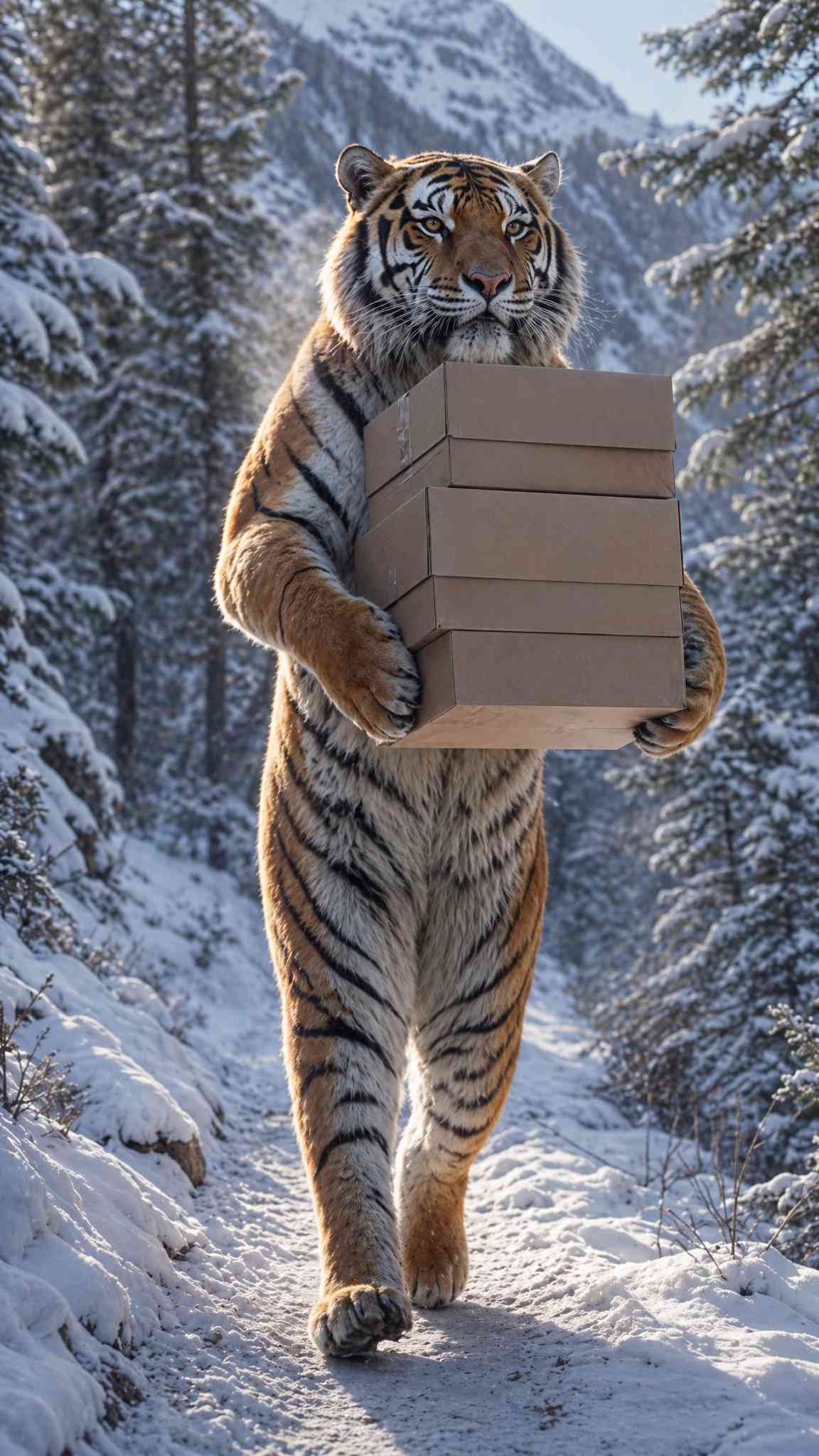 Majestic Tiger Delivery in Snowy Winter Forest 4K Wallpaper