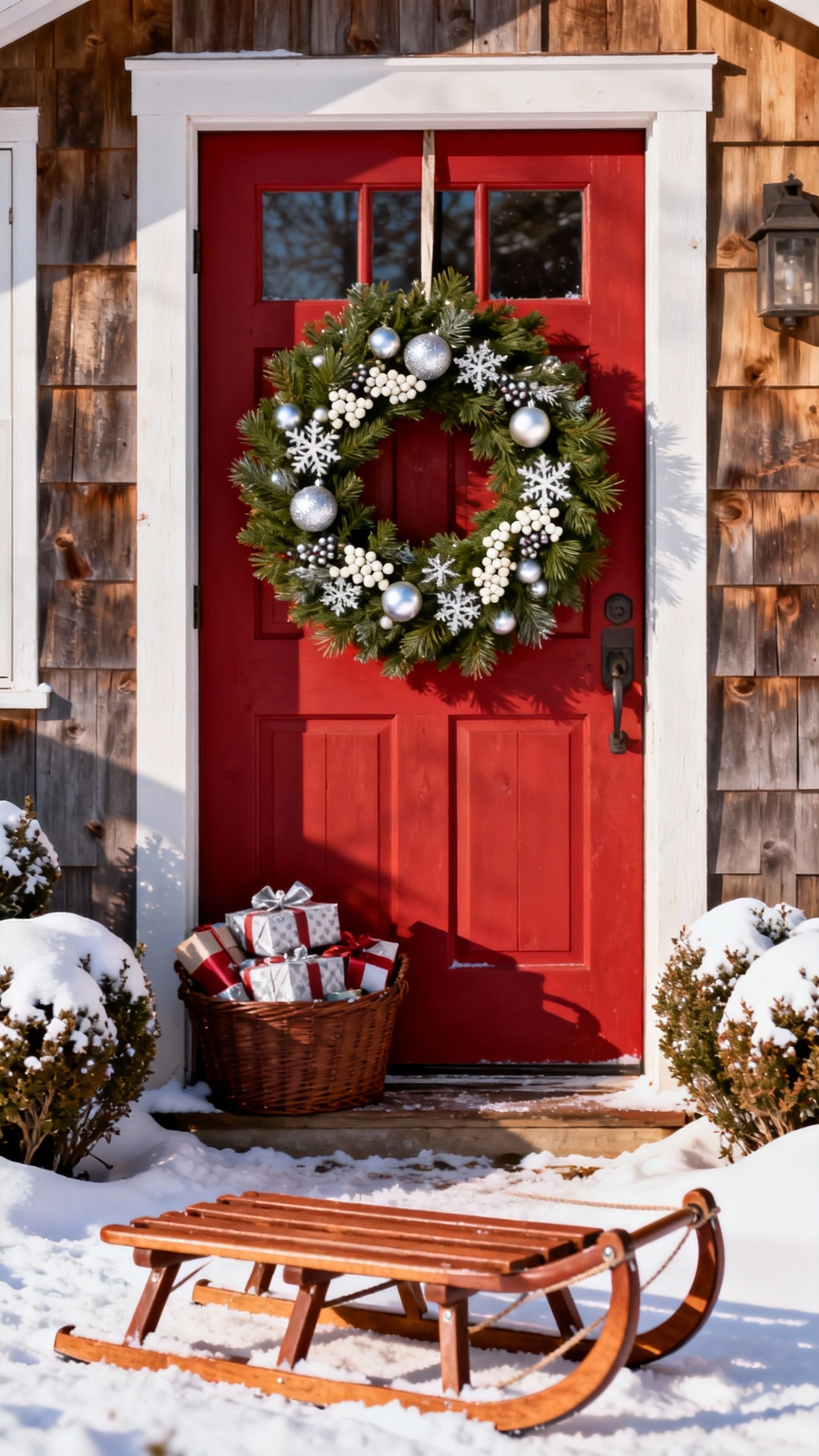 Puerta de Navidad Roja y Corona - Fondos para Celular