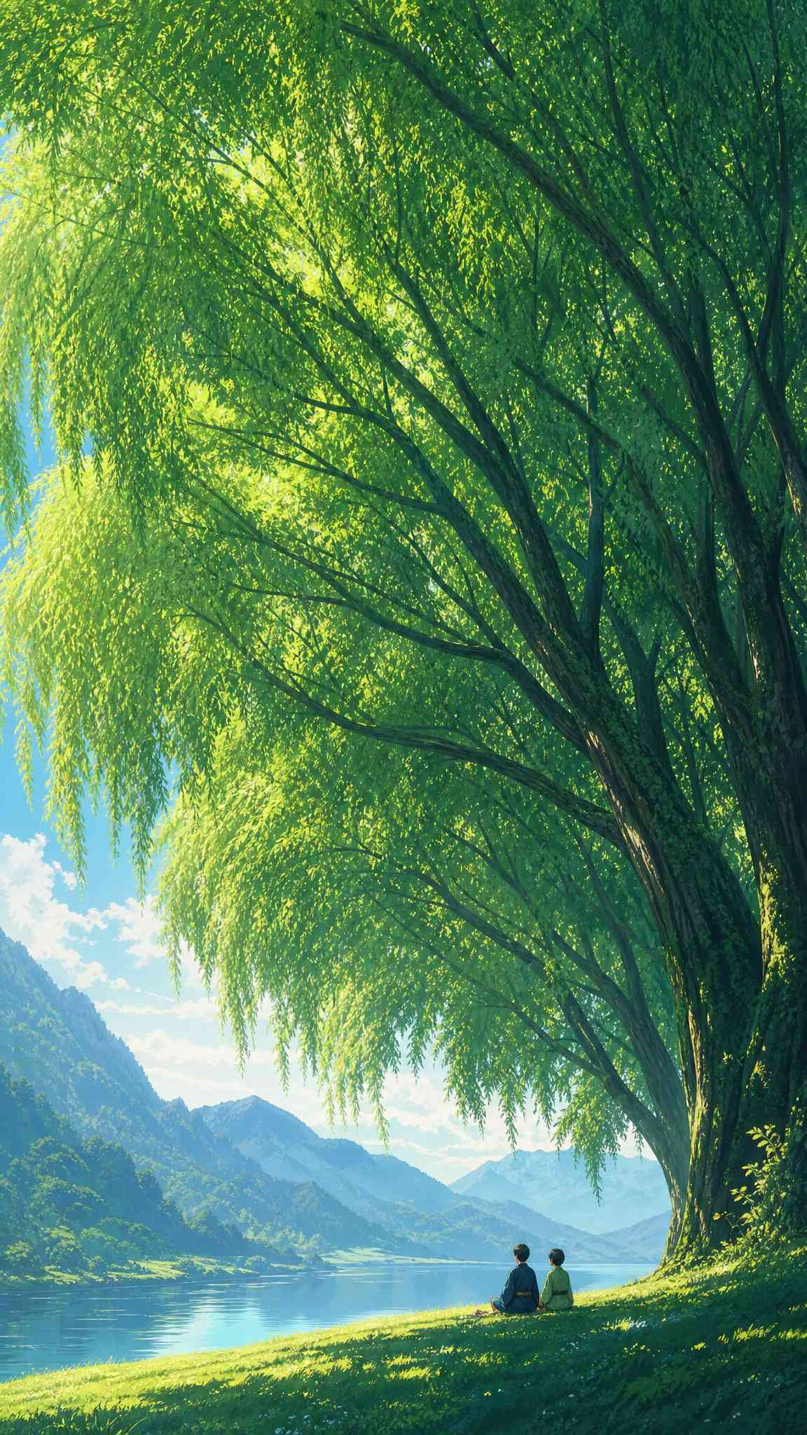 Anime Scenic Lake & Willow Tree - 4K Wallpaper