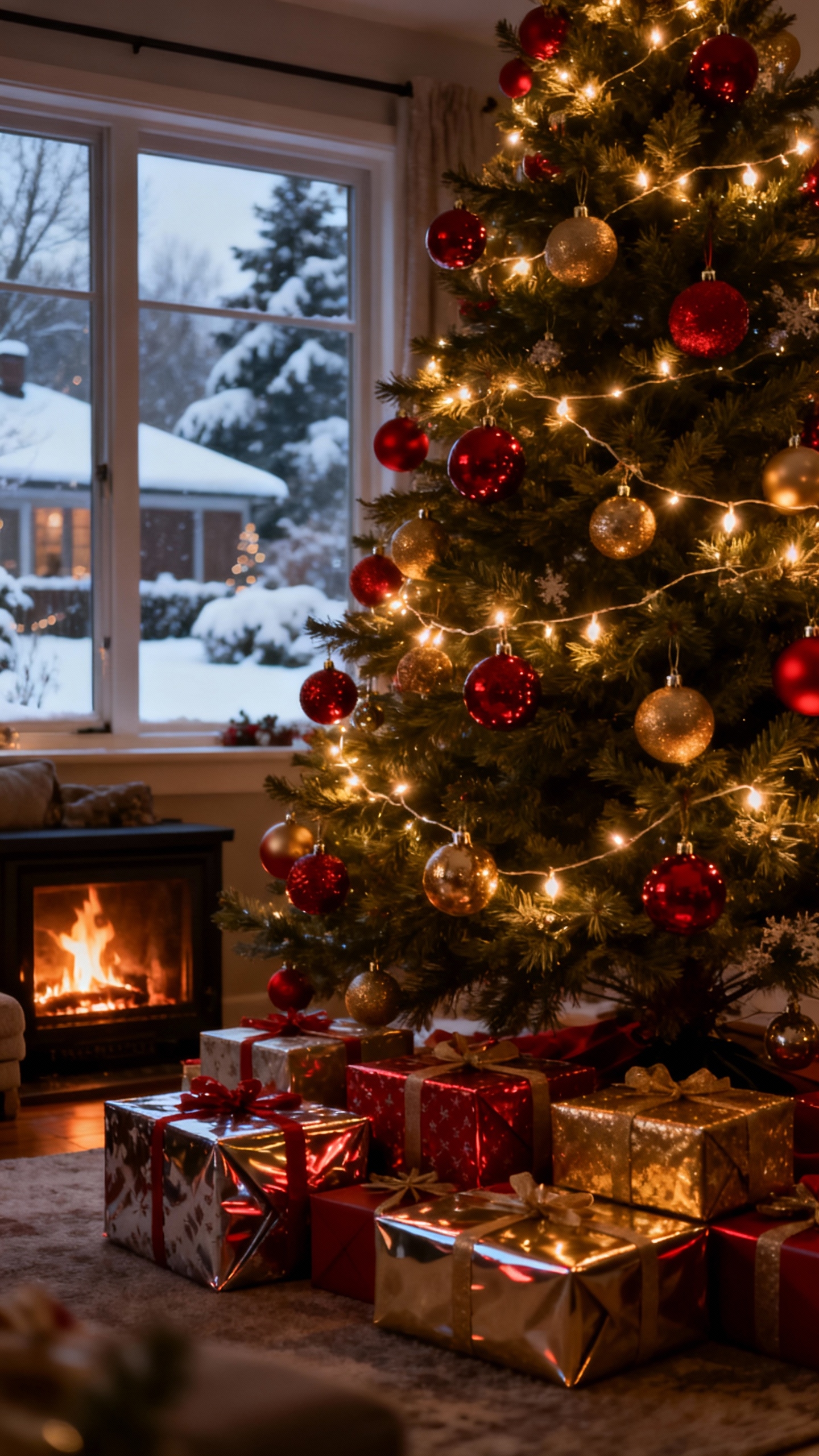 クリスマスツリーと暖炉の冬景色 - 4K待ち受け