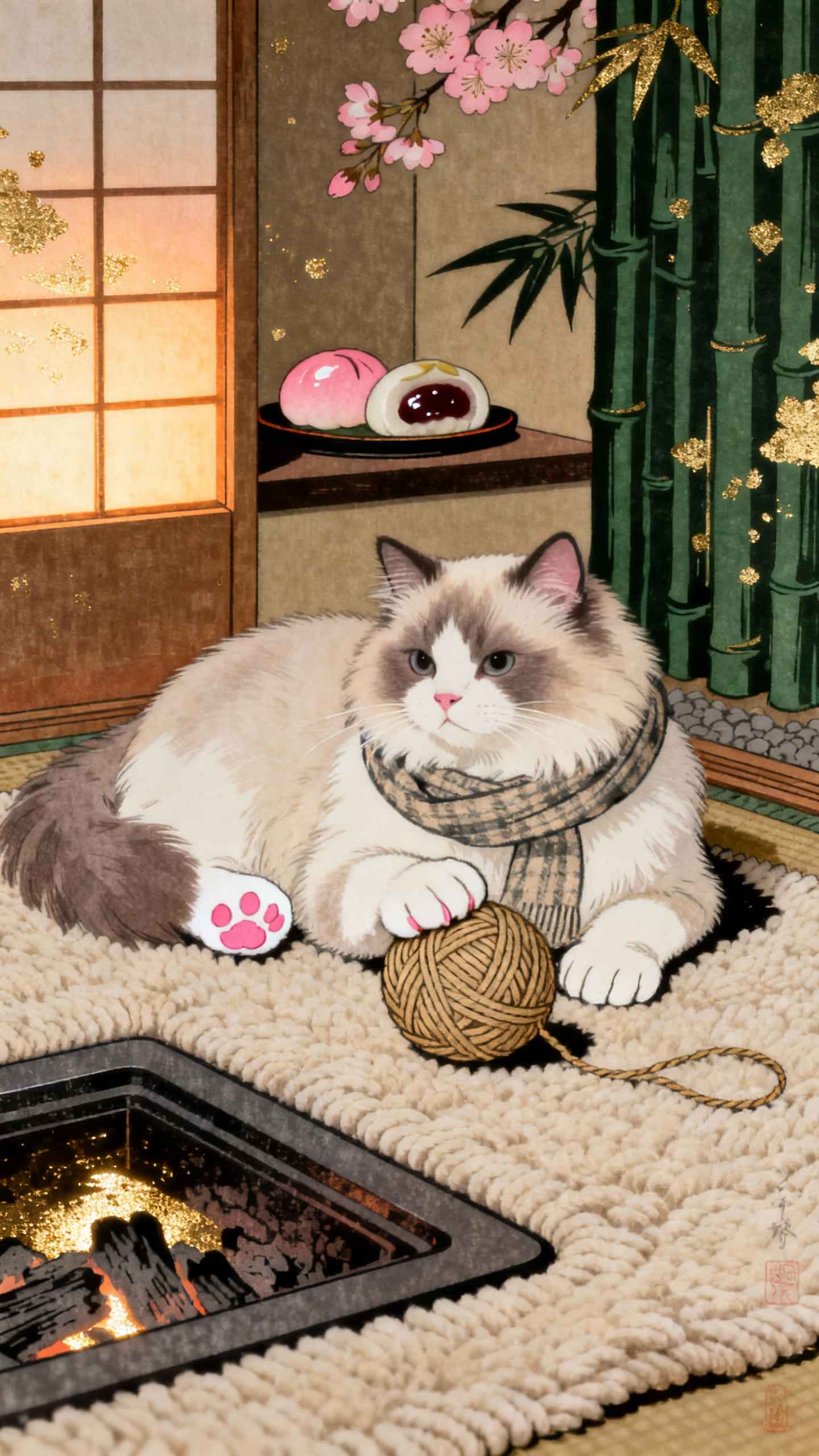 Ragdoll Katze im Ukiyo-e Stil - 4K Wallpaper