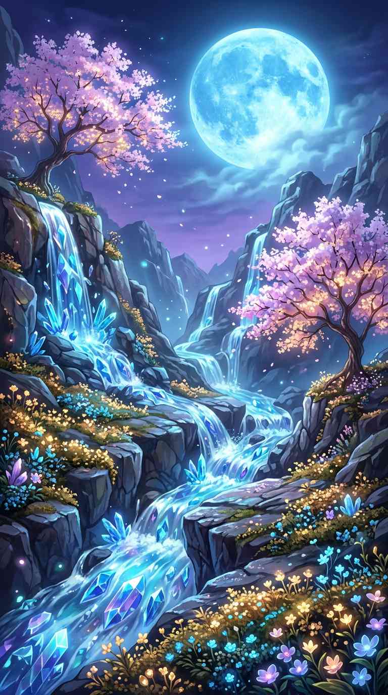 Sakura Kristall-Wasserfall - 4K Handy Wallpaper
