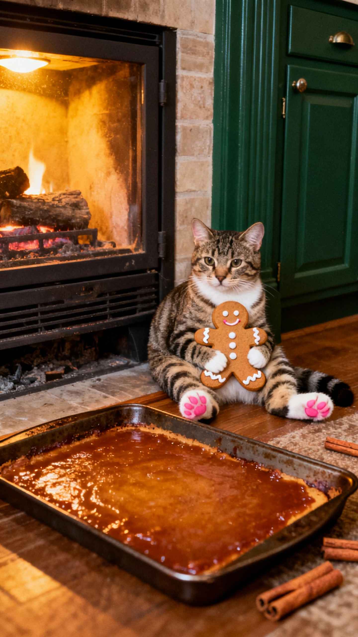 Christmas Cat with Gingerbread - 4K Wallpaper