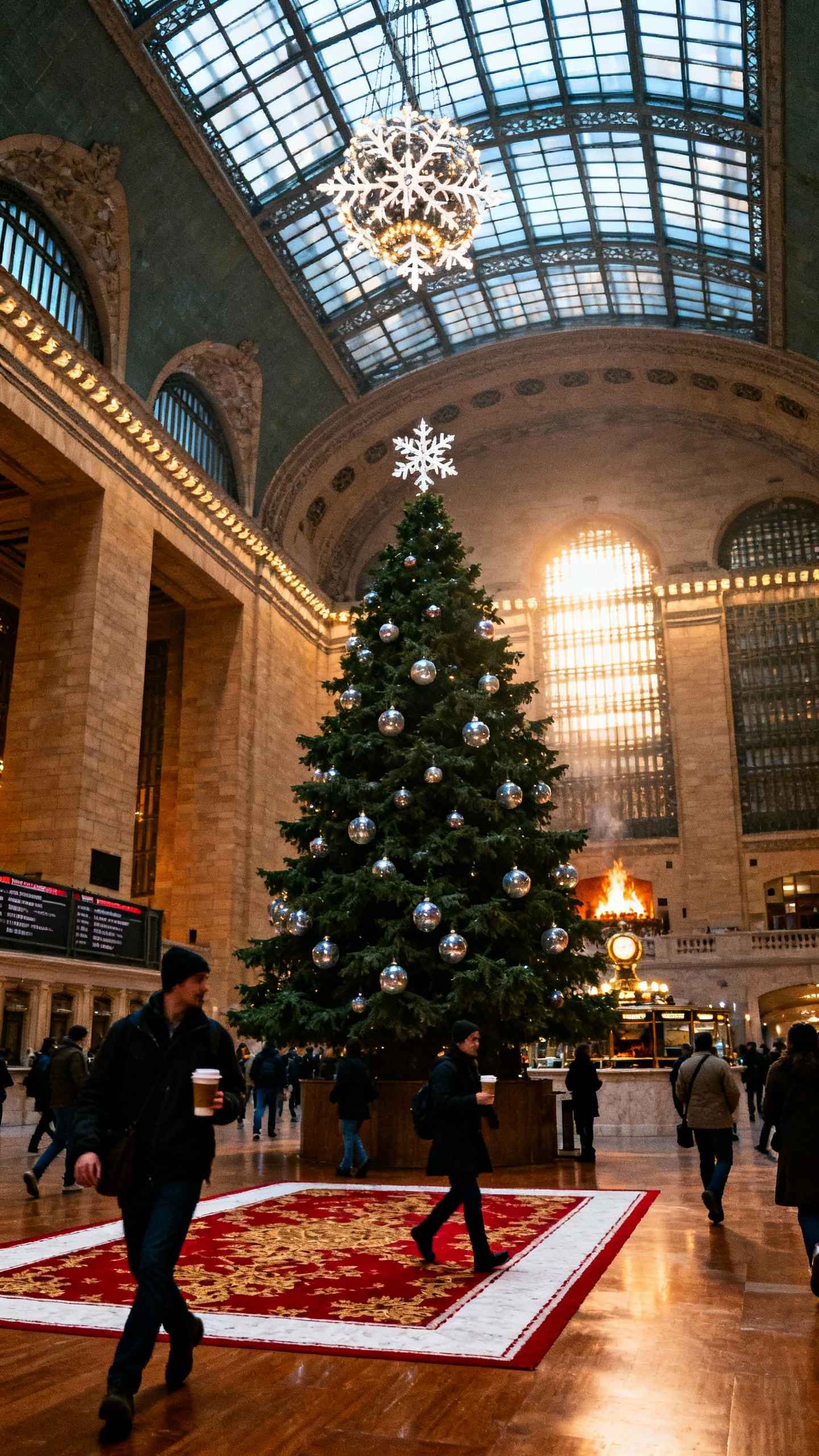 Un grand sapin de Noël avec des boules argentées à l'intérieur de Grand Central Terminal à New York, sous un lustre en forme de flocon de neige.