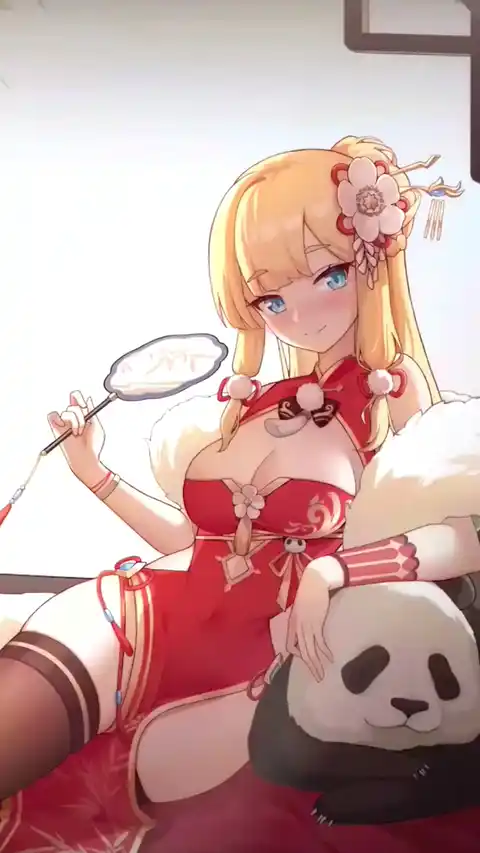 Anime Girl Red Cheongsam Panda - Live Wallpaper