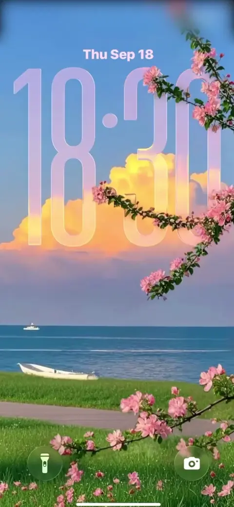 바다와 벚꽃 노을 풍경 - 4K 배경화면