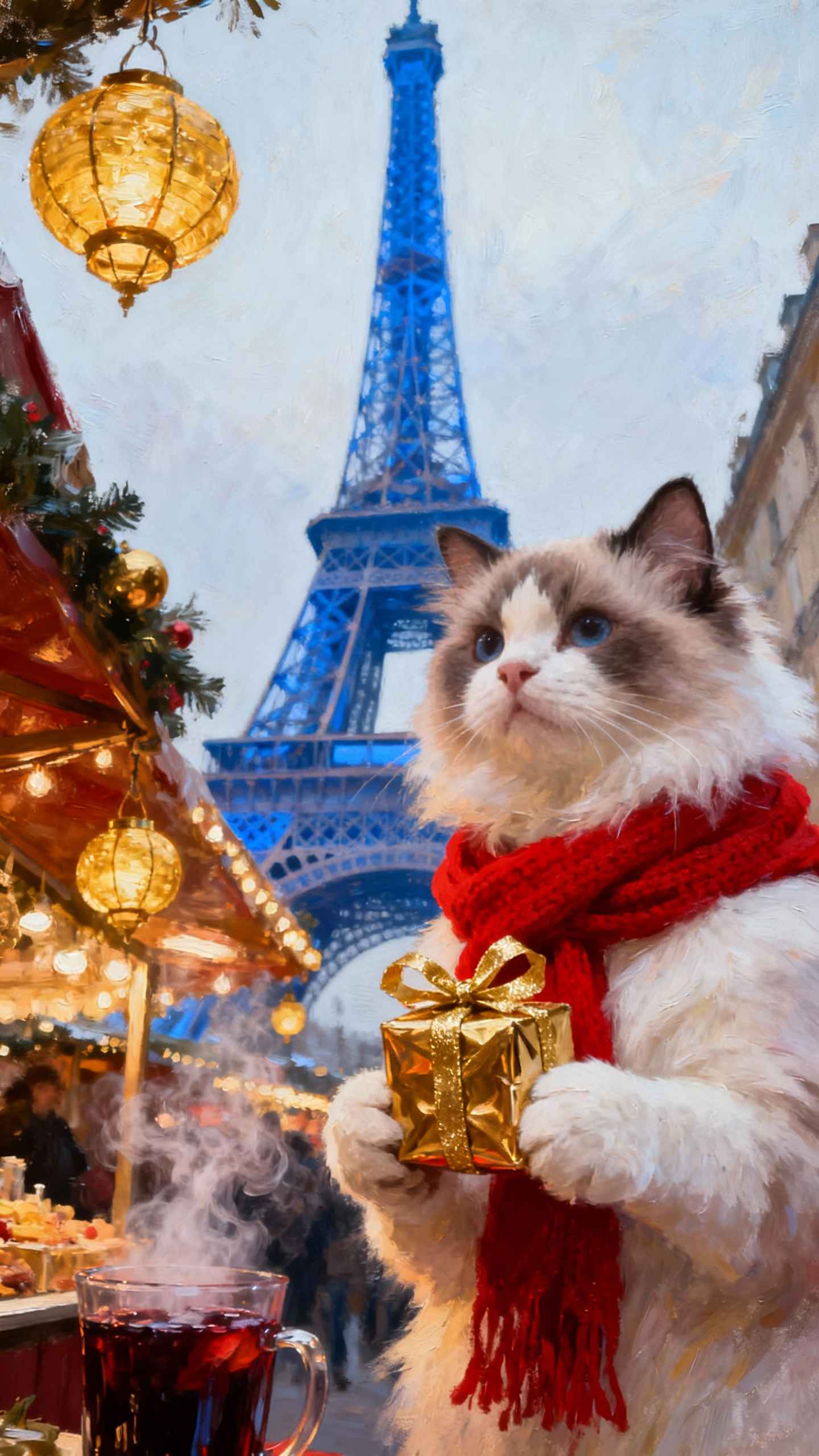 Weihnachtliche Katze in Paris - 4K Hintergrundbild