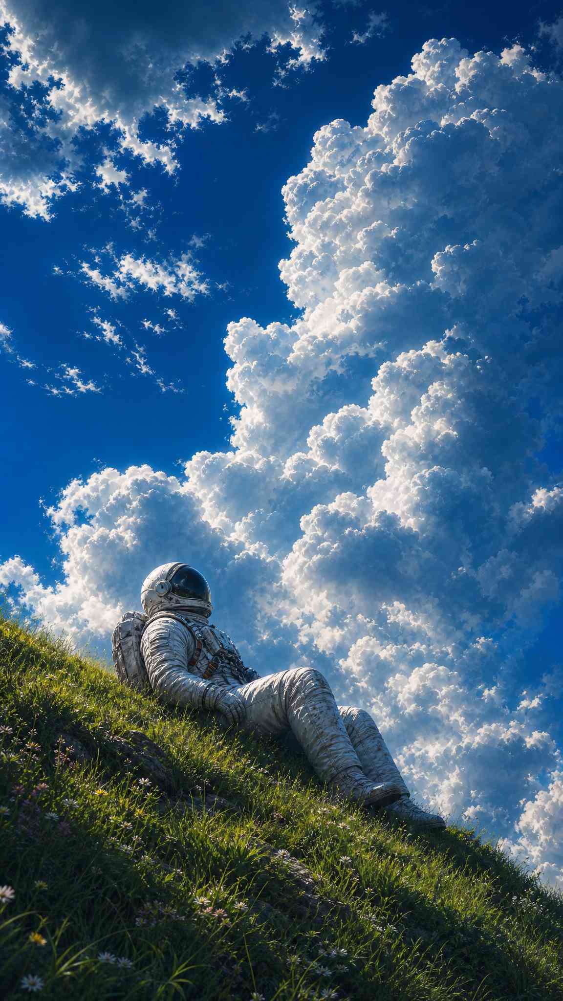 Astronaut's Serene Escape: Grassy Hill & Cloud Sky Wallpaper
